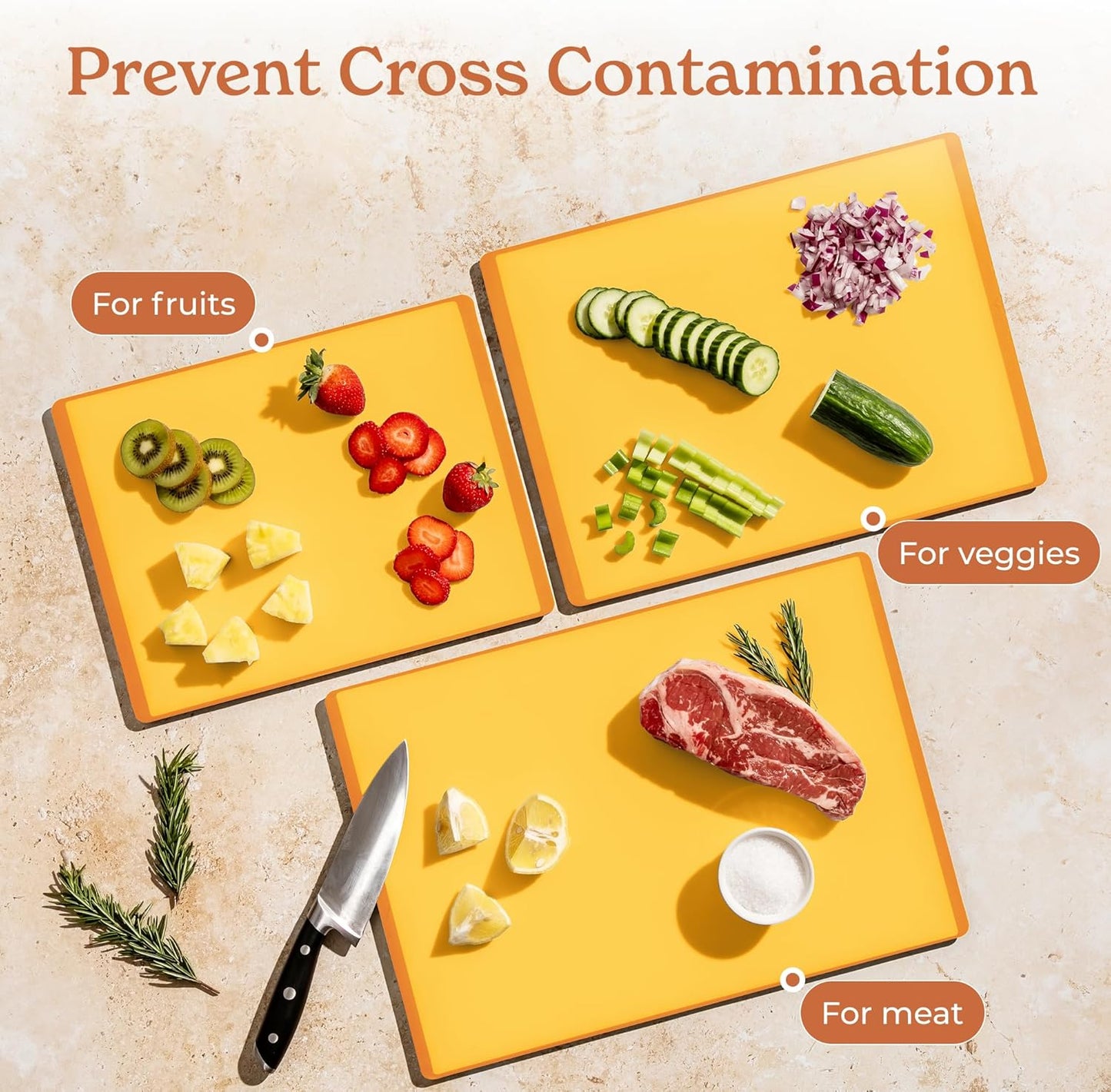 SMIRLY Plastic Cutting Board Set with Holder 3 Pieces, Non-Slip Dishwasher Safe Chopping Boards for Kitchen, Yellow