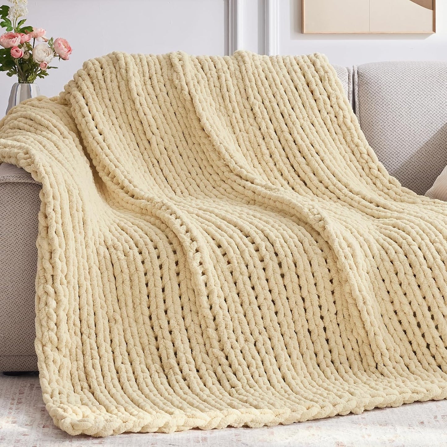 Chunky Knit Throw Blanket, 60''*80'' Knitted Throw Chenille Yarn for Bed Couch, Handmade Oatmeal Crochet Big Thick Blanket, Machine Washable Cute Comfy Blanket for Home Decor
