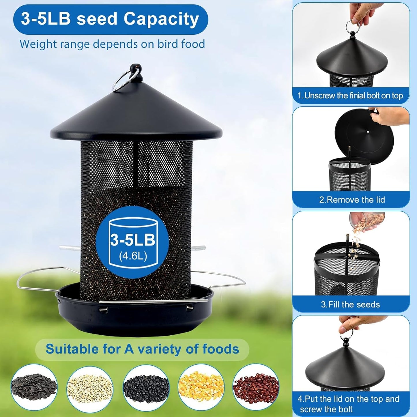 Large Bird Feeders for Outside: 12.6inch Metal for Outdoors Hanging with Black for Garden Yard Outside Decor Cardinal Finch -