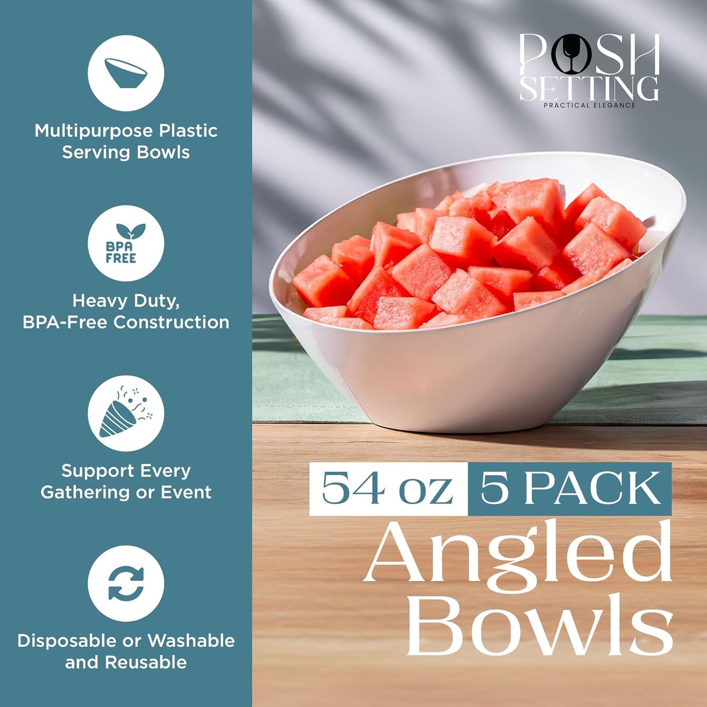 Posh Setting - White Plastic Serving Bowls for Party - Angled, Disposable, Chip & Candy Bowls - 54 OZ, 5 Pack