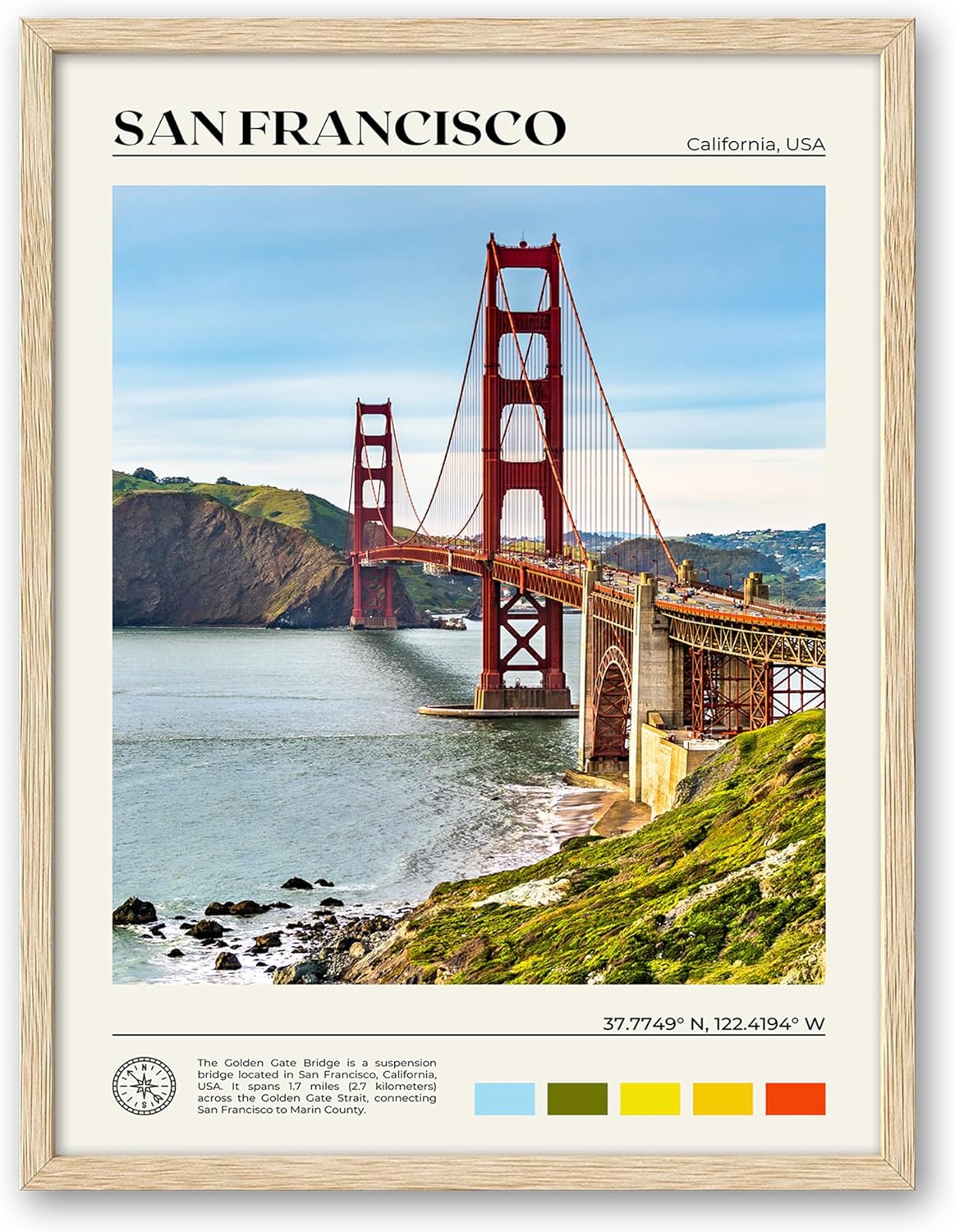 HesenDot Natural OAK Wood Golden Gate Bridge Framed Wall Art,12x16in San Francisco City Skyline Canvas Wall Print,Modern Urban Landmark Wall Decor for Living Room,Bedroom,Office Gallery Gifts Set of 1