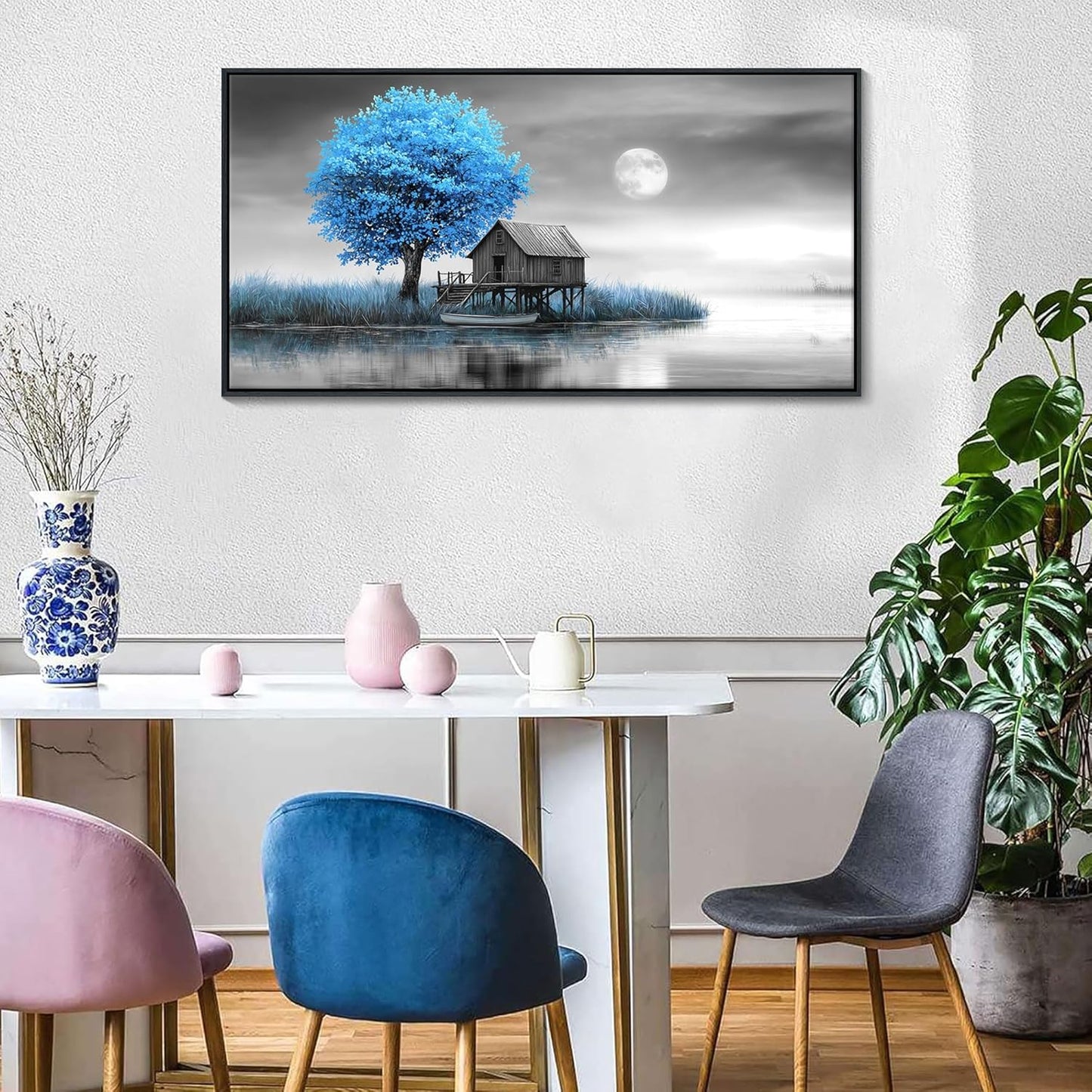 JEAWA Framed Canvas Wall Art Decor - Blue Gray Wall Art for Bedroom Living Room Home Office, Winter Landscape Wall Art Canvas Paintings, Moon Pictures Wall Decor, Tree Art Wall Decor, 24x48 IN