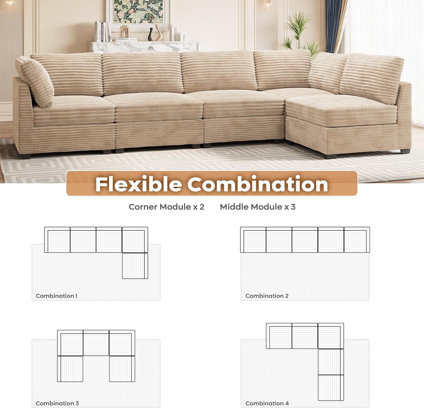 ovios Sectional Sofa Couch with L-Shape Chaise Oversized, Comfy Modular Cloud Couches with Deep Seat, Modern Upholstered Plush Corduroy Sofas Set for Living Room, 5-Seater, Beige