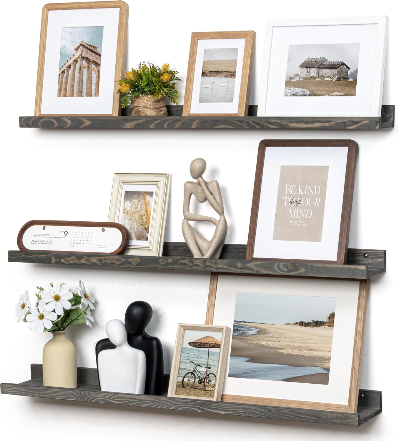 Picture Ledge Wall Shelves - 36 Inch Width Set of 3, Solid Pine Wood Rustic Floating Ledge Shelves for Kids' Room, Bedroom, Kitchen, Bathroom, Living Room, Nursery Display Wall Decor, Grey