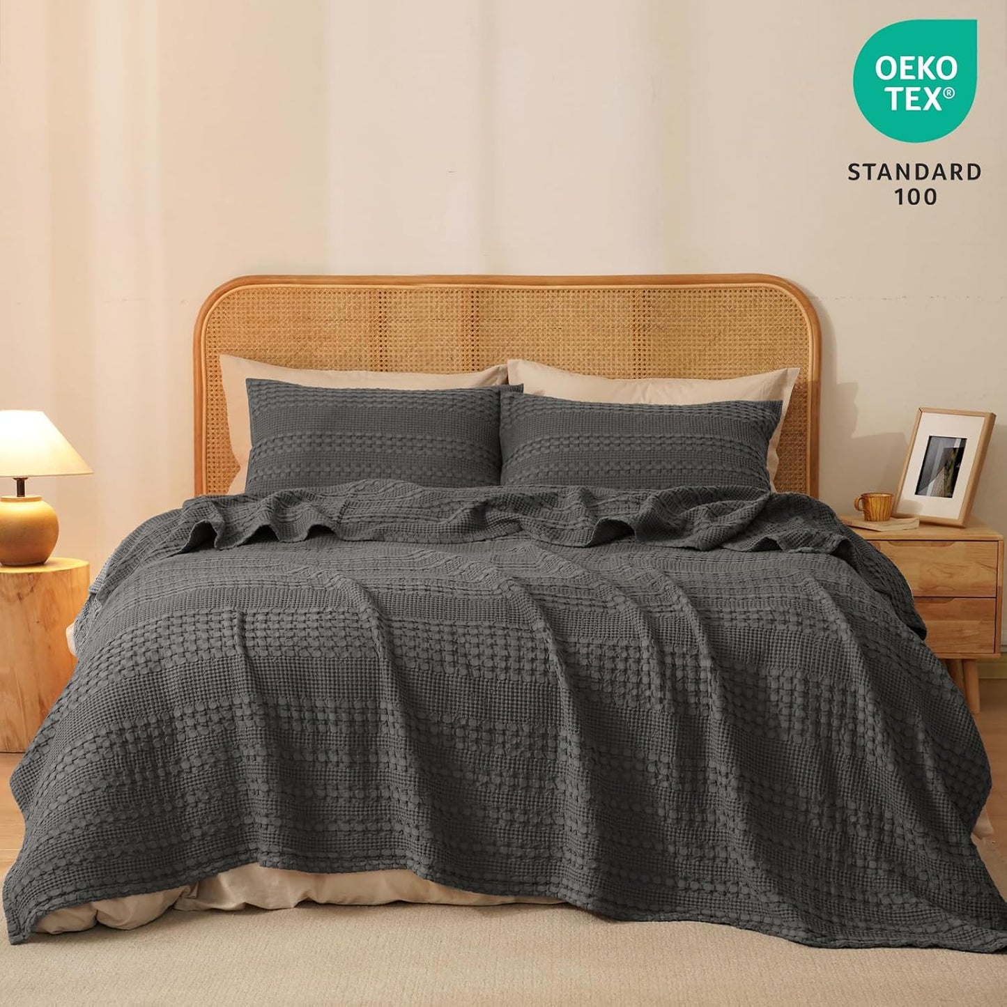 PHF 100% Cotton Waffle Weave Blanket King Size, Soft Lightweight Breathable Cozy Summer Blankets for Bed, Luxury Aesthetic Woven Bedding for Home Decor, 108"x90", Charcoal Grey