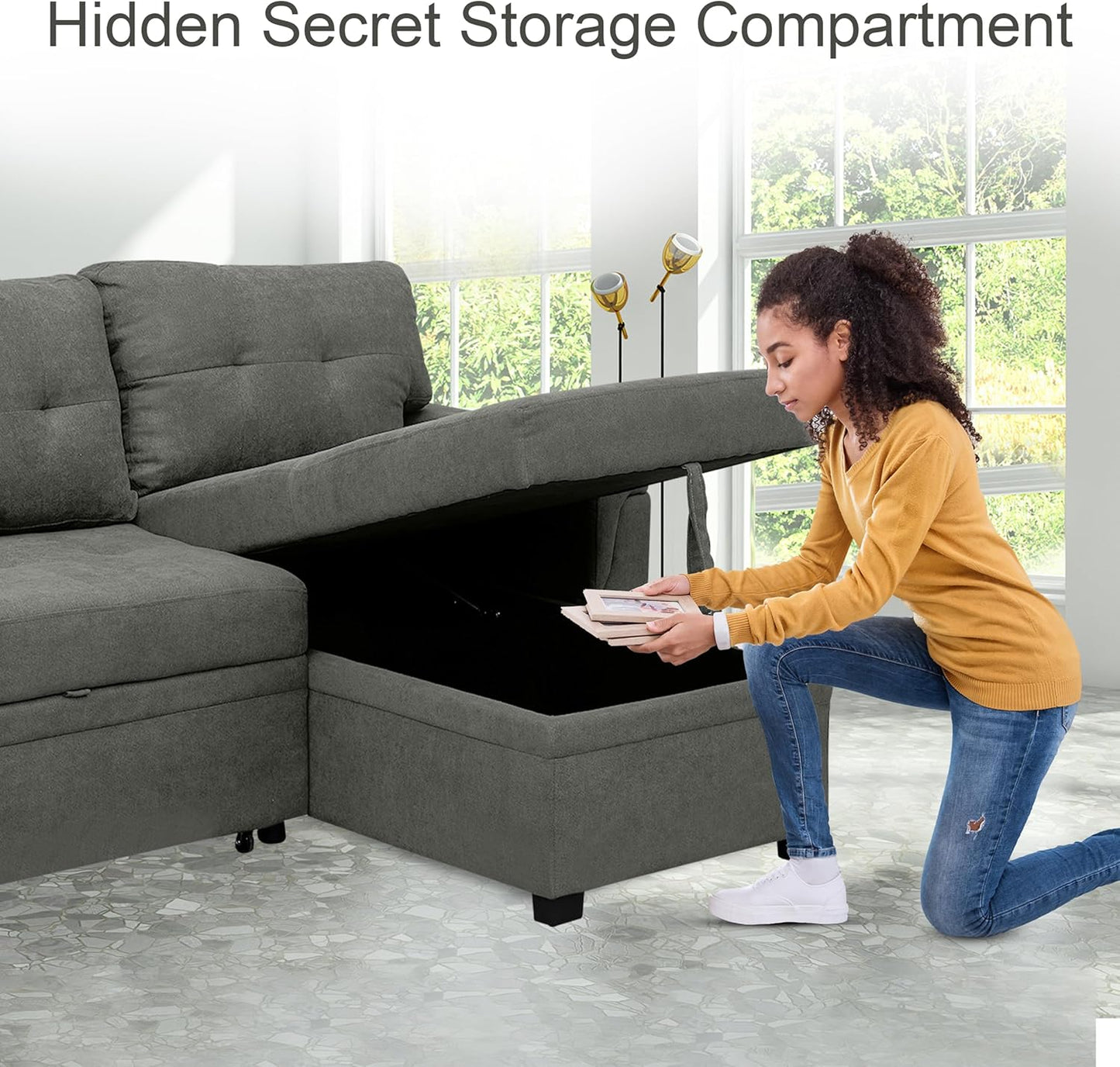 Naomi Home Transform Any Space: Sleeper Sectional Sofa with Convertible Sofa Bed & Inviting Chaise. Find Tranquil Comfort with Stress-Relieving Design & Durable Cushions - Gray/Velvet