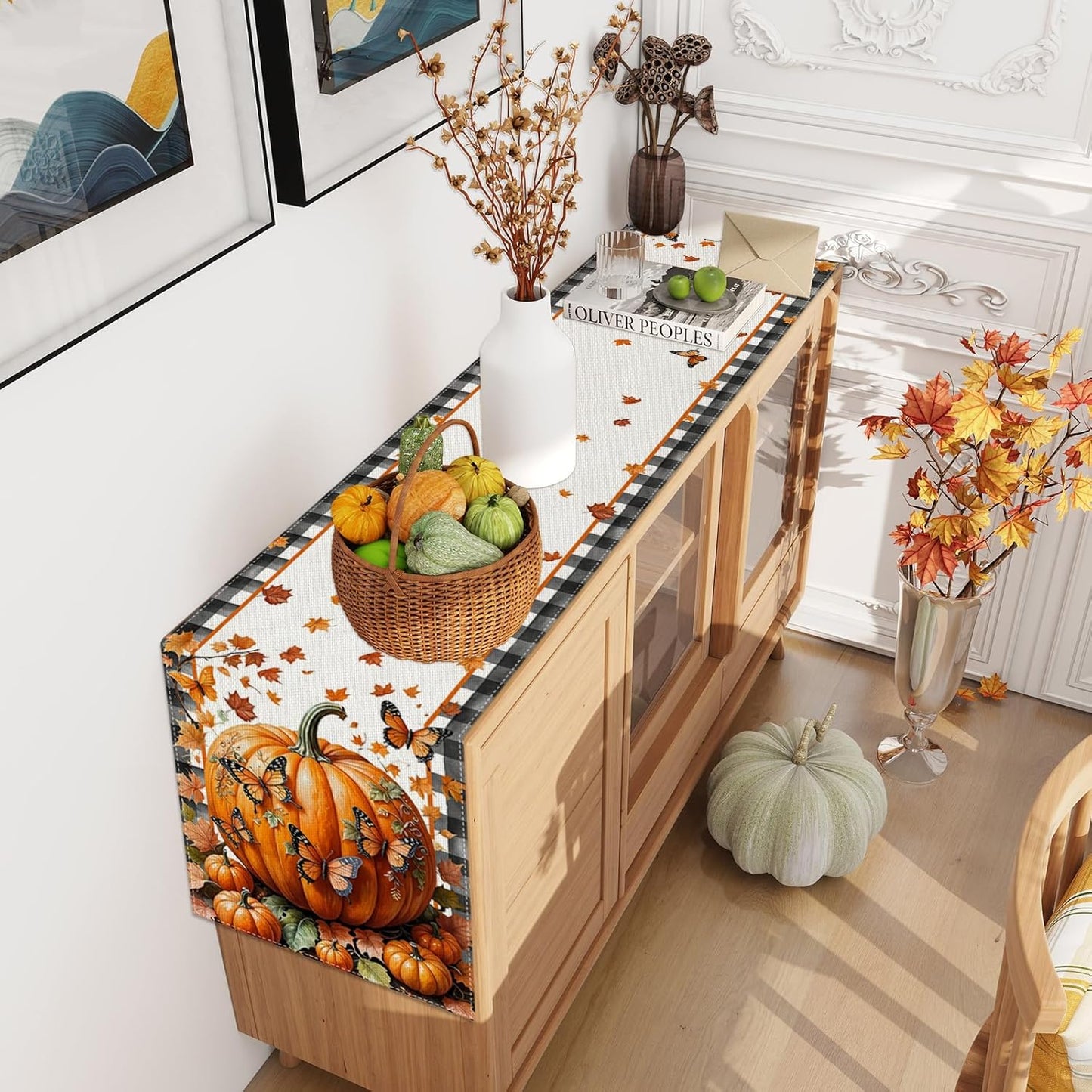 Linen Black and White Buffalo Check Plaid Fall Table Runner 108 Inches Long, Fall Leaves Pumpkin Butterfly Home Kitchen Table Decor, Farmhouse Autumn Thanksgiving Harvest Festival Decorations for Home
