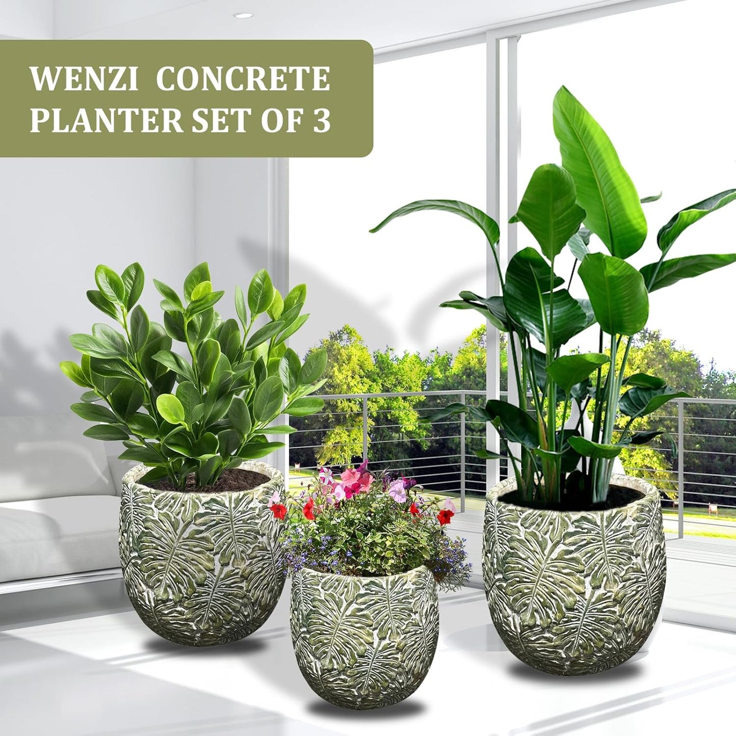 Craft flowerpots 18"+13"+19" Dia Round Concrete Planter Set of 3 Large Outdoor/Indoor Planter Pots Containers with Drainage Holes and Rubber Plug for Home Garden (Green, Large)