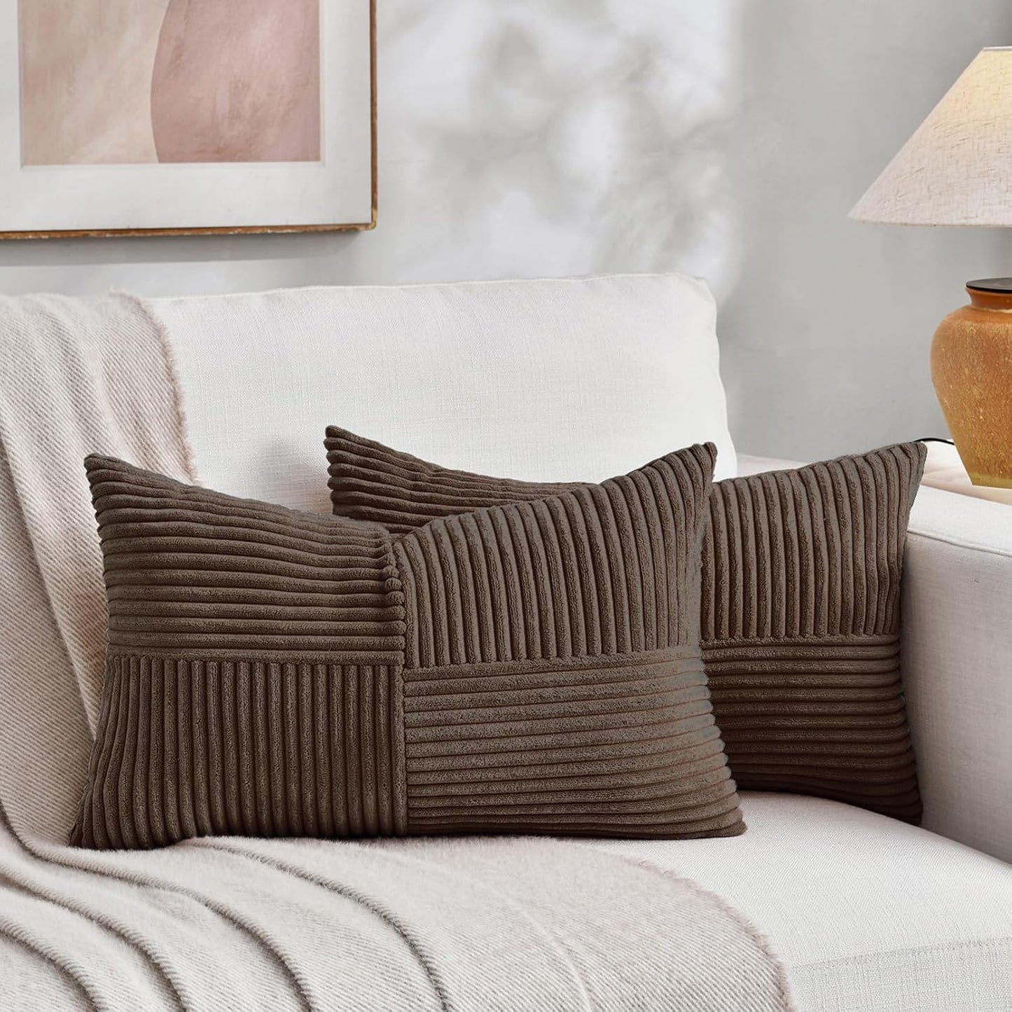 Fancy Homi 2 Packs Dark Brown Long Lumbar Decorative Throw Pillow Covers 16x24 Inch for Couch Bed Sofa, Rustic Farmhouse Boho Home Decor, Soft Striped Corduroy Rectangle Accent Cushion Case 40x60 cm