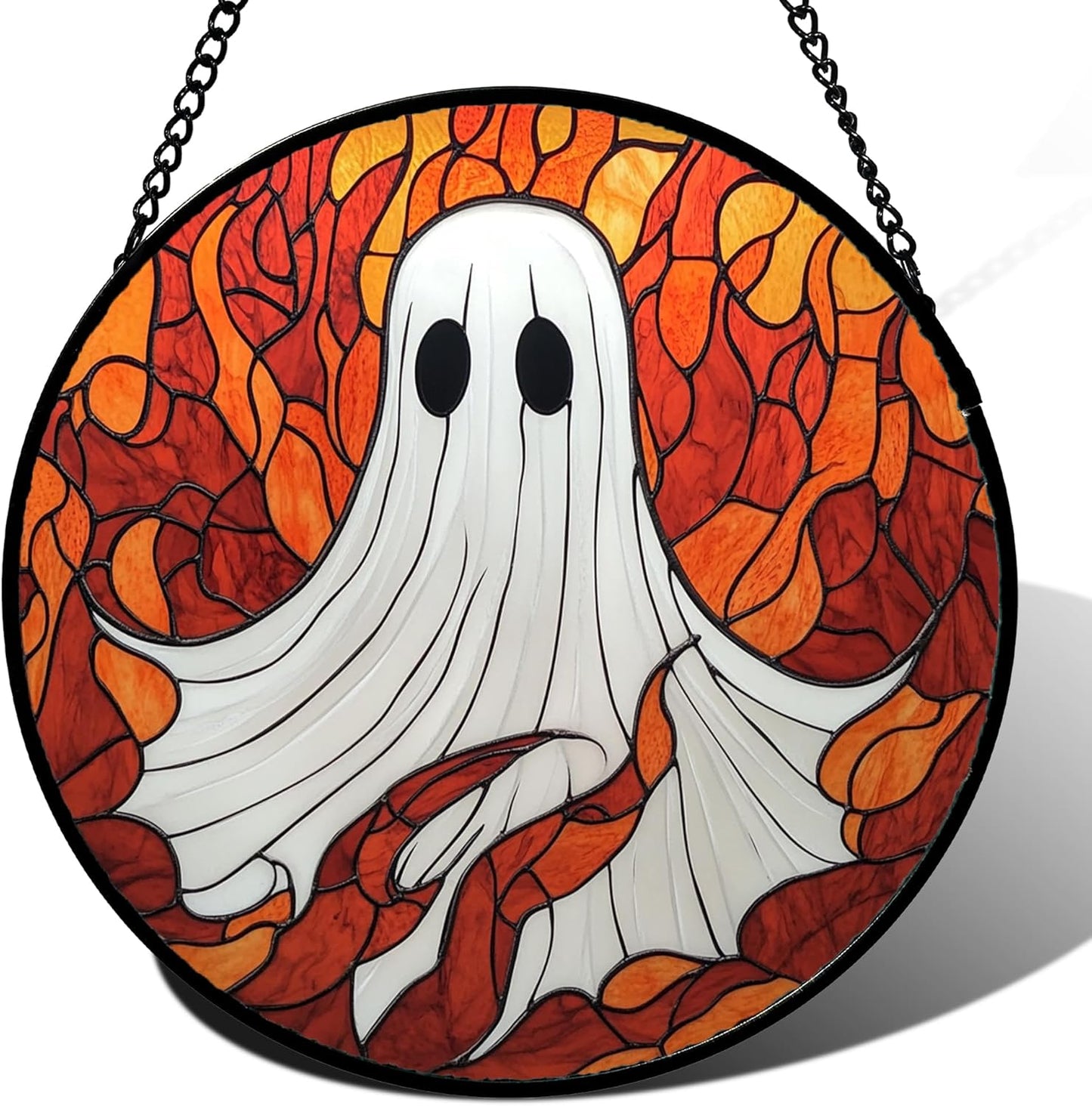 Stained Glass Window Hanging - Halloween Decorations White Ghost Orange Sky Suncatcher for Doors Garden Funny Spooky Sun Catchers Gothic Decor Horror Gifts for Women Men Friend Boy 15 in