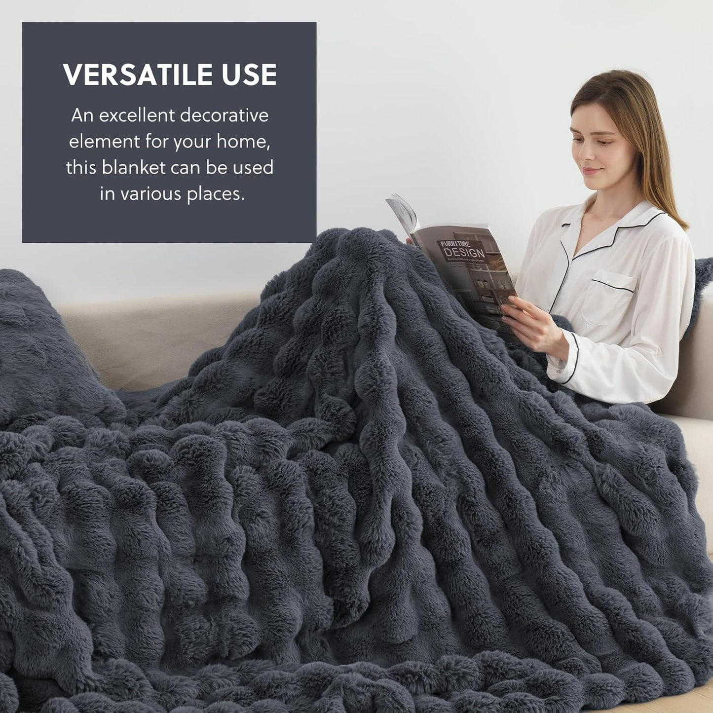 Cozy Faux Fur Throw Blanket for Bed-Warm Fuzzy Throw Blanket, Soft Plush Thick Bubble Blankets for Bedroom and Living Room, Furry Luxury Blanket, 90 x 90, Grey