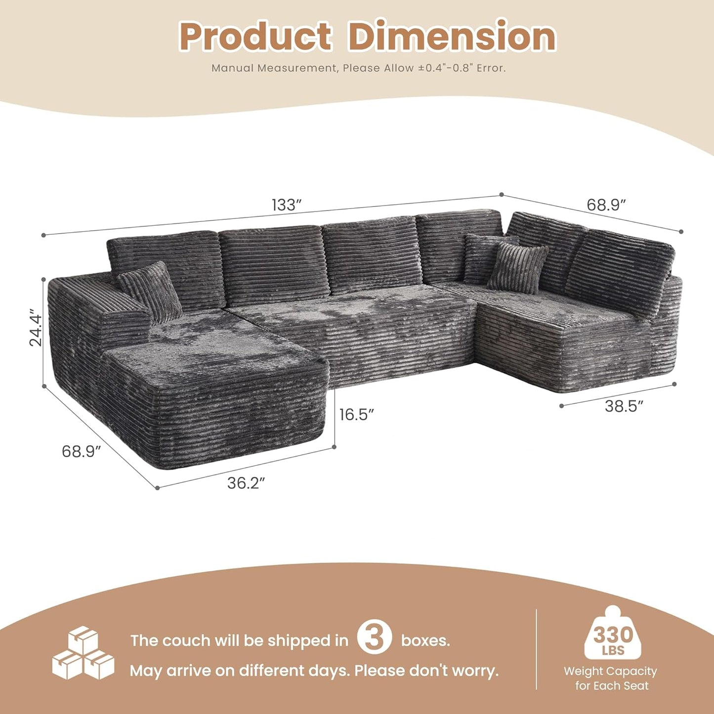 HOOOWOOO Cloud Sectional Couches for Living Room,Modular Sectional Sofa No Assembly,133X70 Inch Plush Corduroy Large U Shaped Floor Couch Set with Deep Seat Chaise Lounge(Gray)