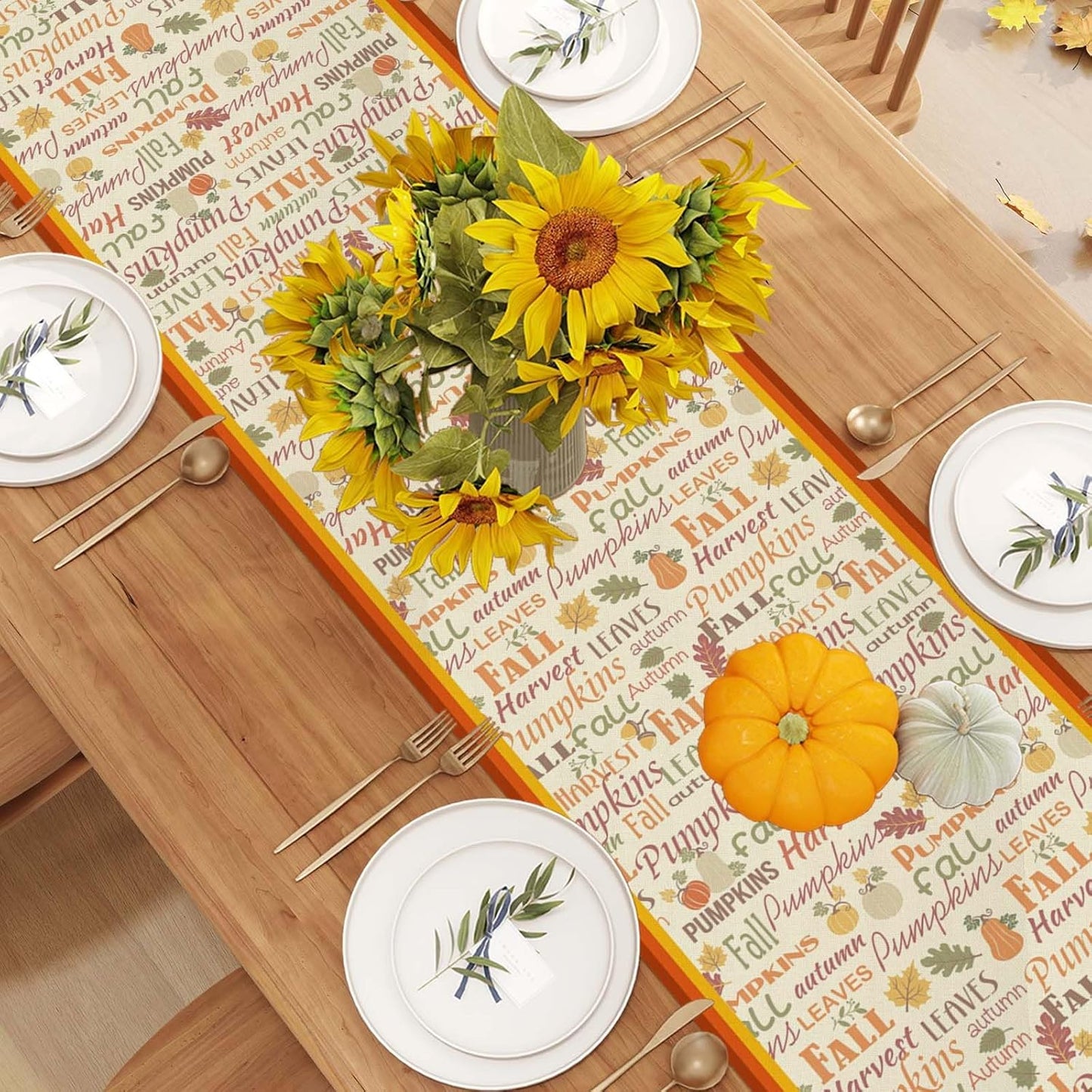Linen Fall Table Runner - 72 Inch Farmhouse Leaves Pumpkin Table Decor Autumn Thanksgiving Home Kitchen Dining Room Decorations
