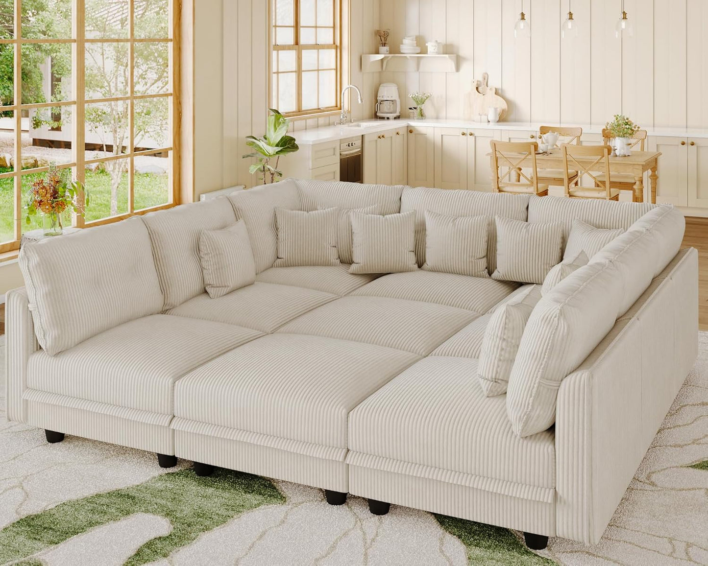 LLappuil Modular Sectional Sofa with Storage Seats, Corduroy Convertible Modular U Shaped Sectional Couch for Living Room, 9 Seat Oversized Sofa with 9 Back Cushion 9 Throw Pillow, Beige