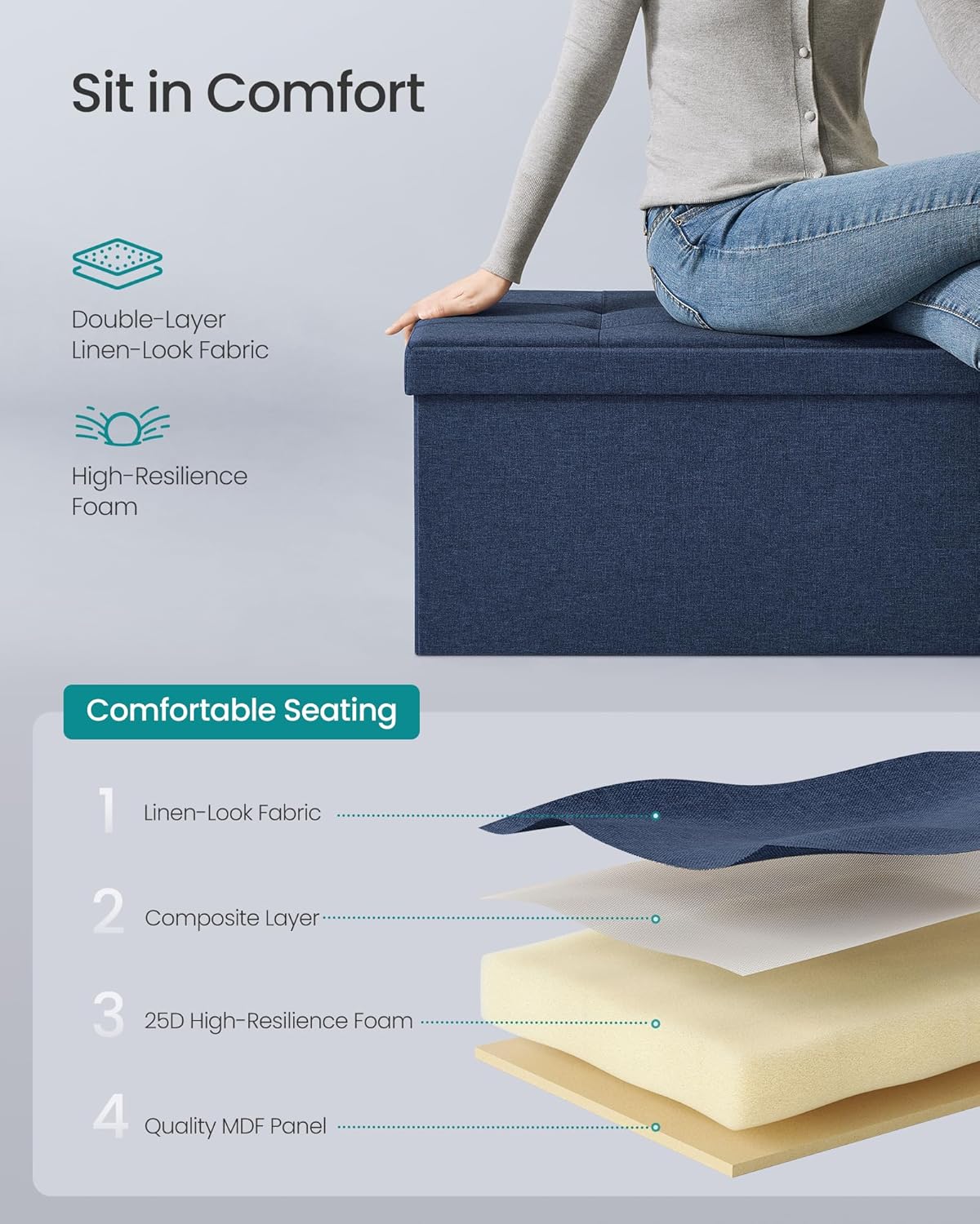 SONGMICS MAZIE Collection - 43 Inches Folding Storage Ottoman Bench, Ottoman Foot Rest, End of Bed Bench, Storage Chest, Load 660 lb, for Living Room, Bedroom, Entryway, Midnight Blue ULSF77IN