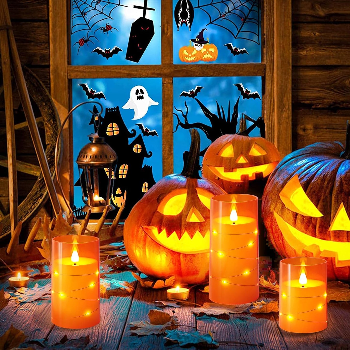 NURADA Flameless Candles with Remote Timers: Built-in Star String Lights 3D Wick Battery Operated Flickering LED Electric Candles for Halloween Thanksgiving Dinner Tables Fall Home Decor Orange 3 Pack