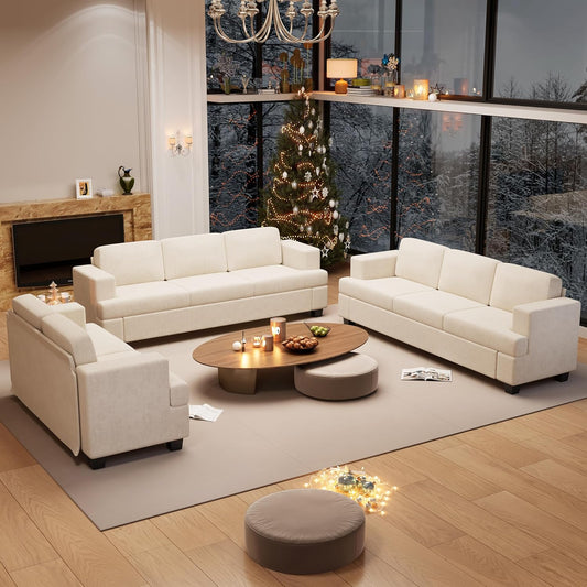 Sofa, 3 Piece Set Comfy Sofa, Loveseat & 2 3-Seater Couch with Deep Seats for Living Room, Modern Sleeper Couch, Beige Chenille
