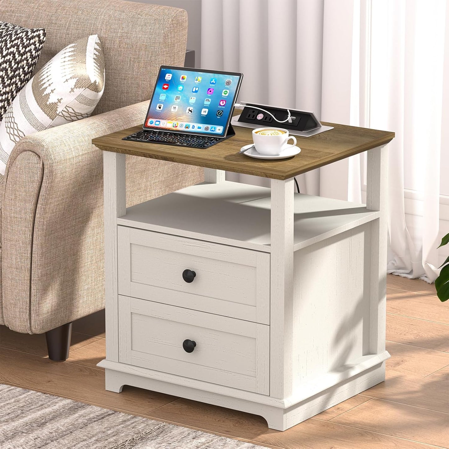 HIFYOBRO End Table with Flip Top Charging Station and 2 Drawers, Type-C & USB Port & Power outlets, Wooden Storage Cabinet, Large Side Table with Storage for Living Room and Bedroom (White)