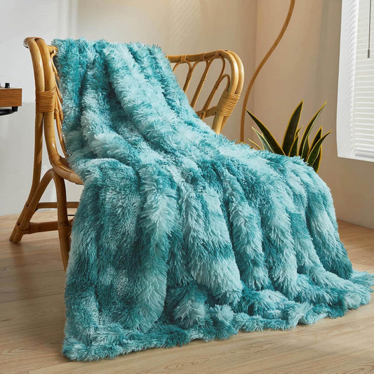 XeGe Luxury Faux Fur Blanket, Tie Dye Teal Soft Fluffy Throw, Shaggy Plush Decorative Couch Blanket, Turquoise Bed Furry Fuzzy Throw for Bedroom Living Room, Tie Dye Teal, 60x90