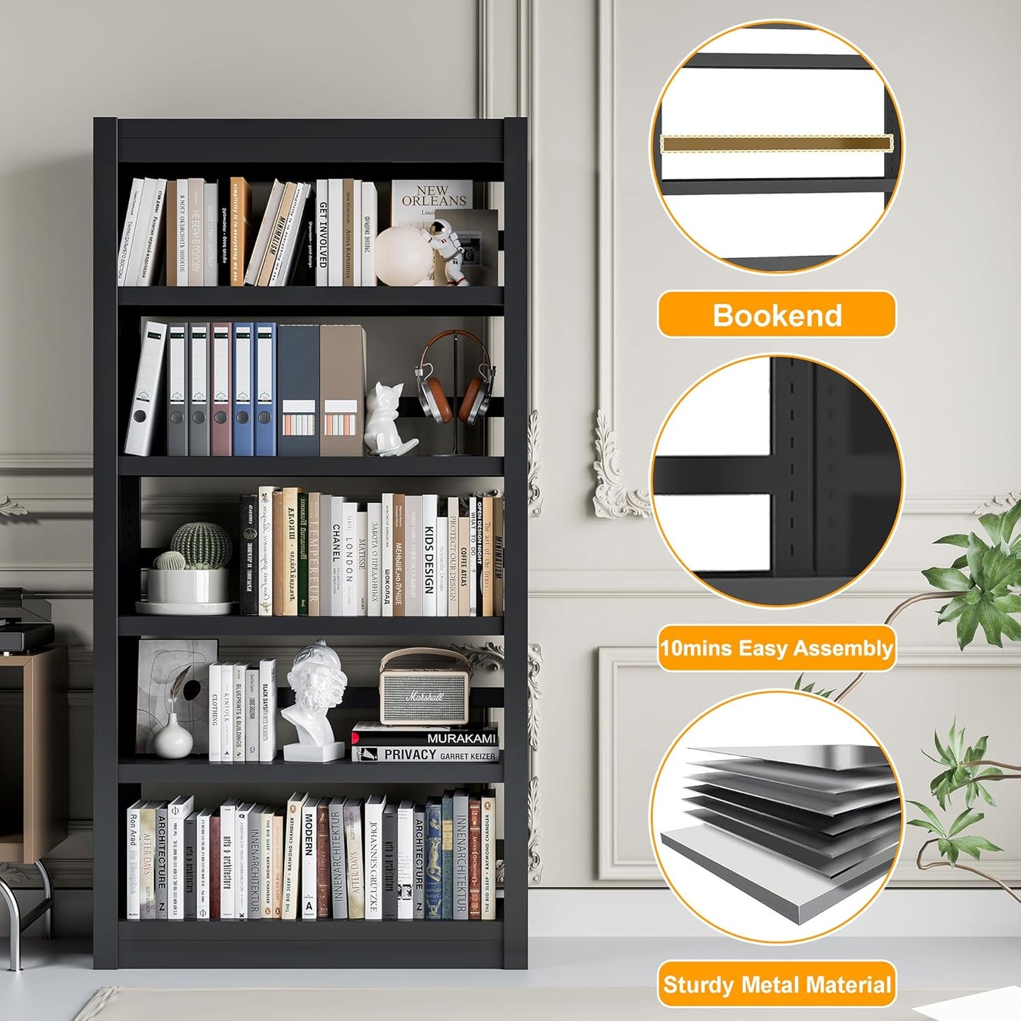 Bookshelf, 5 Tier Metal Bookshelf, 69" H Tall Bookcase with Adjustable Shelves, Large Industrial Bookshelves for Living Rooms, Home Offices, Library, 10 Minutes Assemble