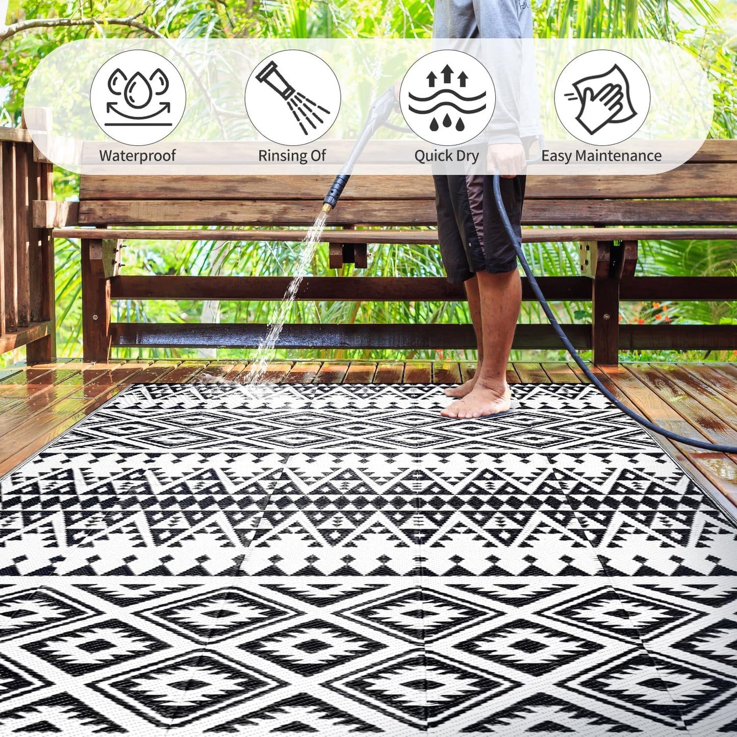 Waterproof Outdoor Rug 6x9ft, Bohemia Reversible Plastic Straw Mat for Patio RV Deck Porch Backyard Balcony Camping Picnic Beach Indoor Outdoor Carpet, Black&White