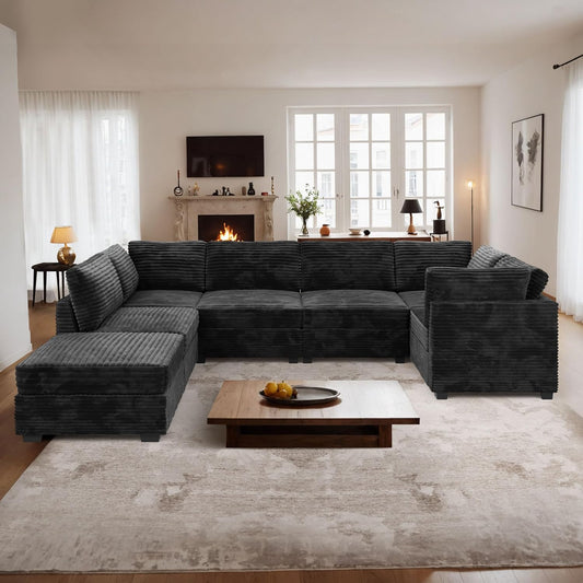 ovios Sectional Sofa Couch with U-Shape Chaise Sofa Bed, Comfy Modular Cloud Couches with Deep Seat, Modern Upholstered Plush Corduroy Sofas Set for Living Room, 7-Seater, Black