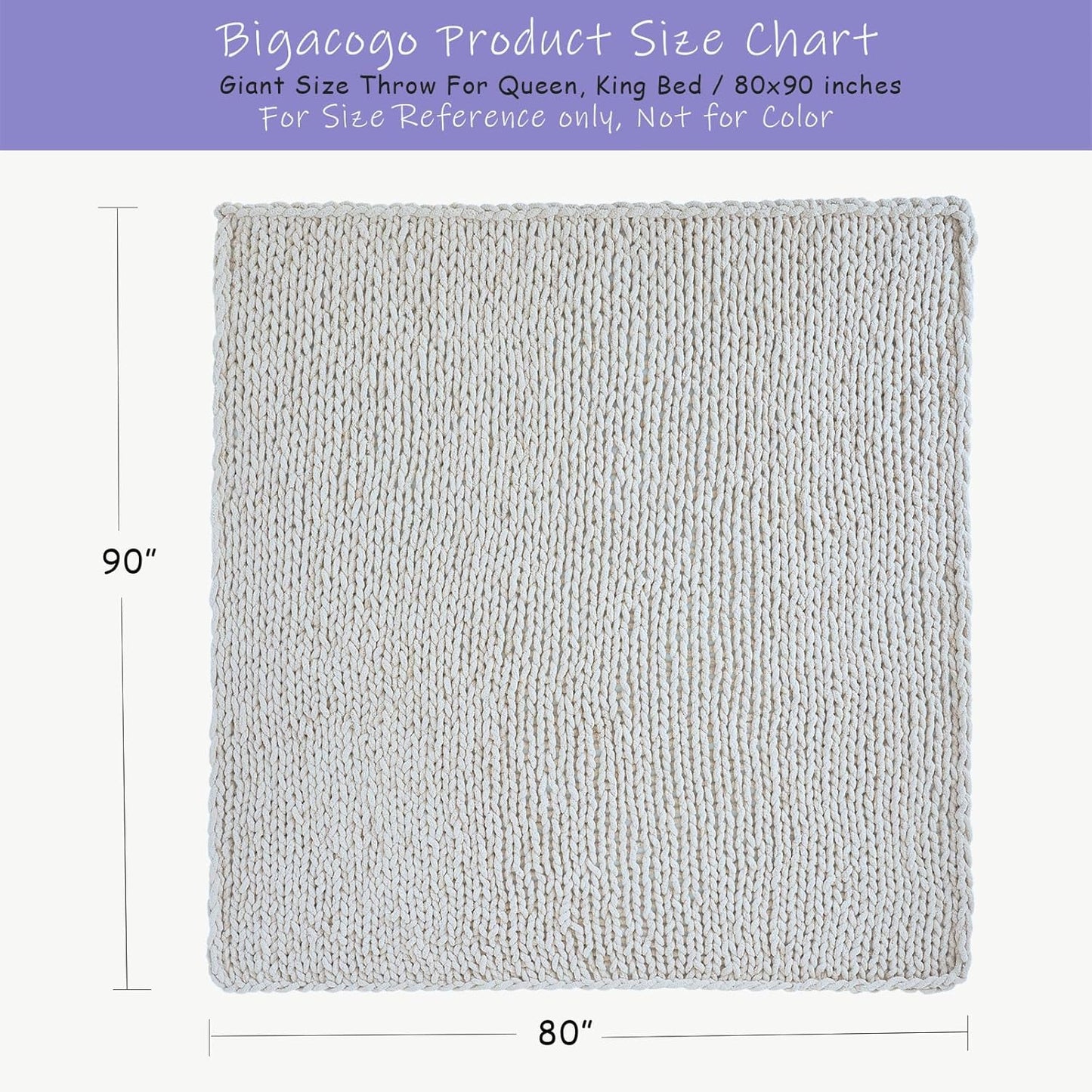 Bigacogo Chunky Knit Throw Blanket for Couch, 80x90 inches, 100% Hand Knitted with Thick Jumbo Chenille Yarn, Cozy Soft Large Rope Knot Cable Crochet Blankets for Sofa Bed Living Room, Ivory