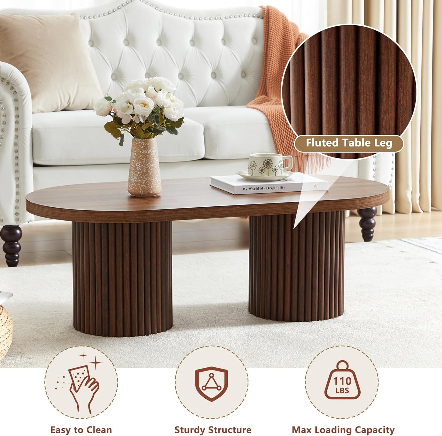 Oval Fluted Coffee Table, Farmhouse Wood Coffee Table Mid Century Modern Center Table Boho Living Room Tables for Living Room Office (Walnut, 19.69" D x 39.38" W x 13.78" H)