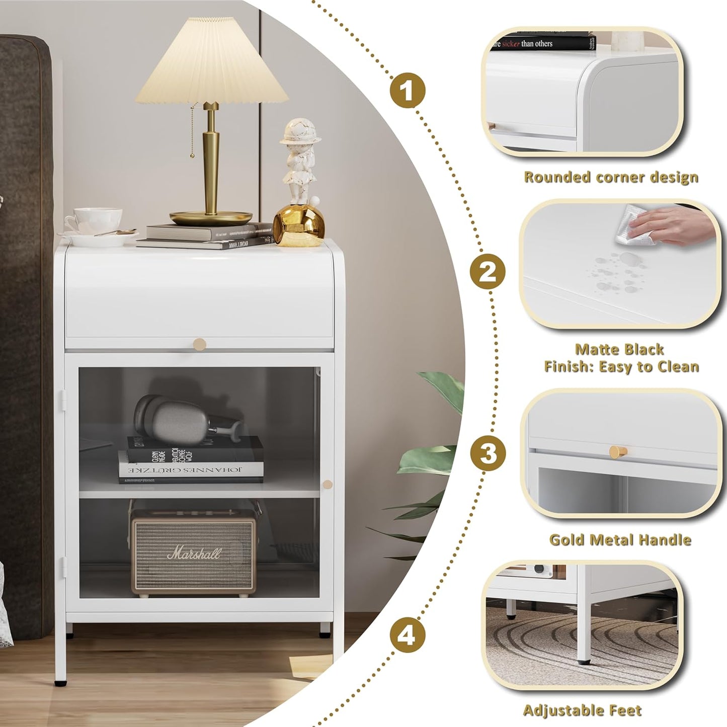 Modern Metal Side Tables Set of 2, End Tables with Glass Door, 2-Tier Nightstands with Storage Shelves, Accent Table, Slim Sofa Table for Living Room, Bedroom (White)