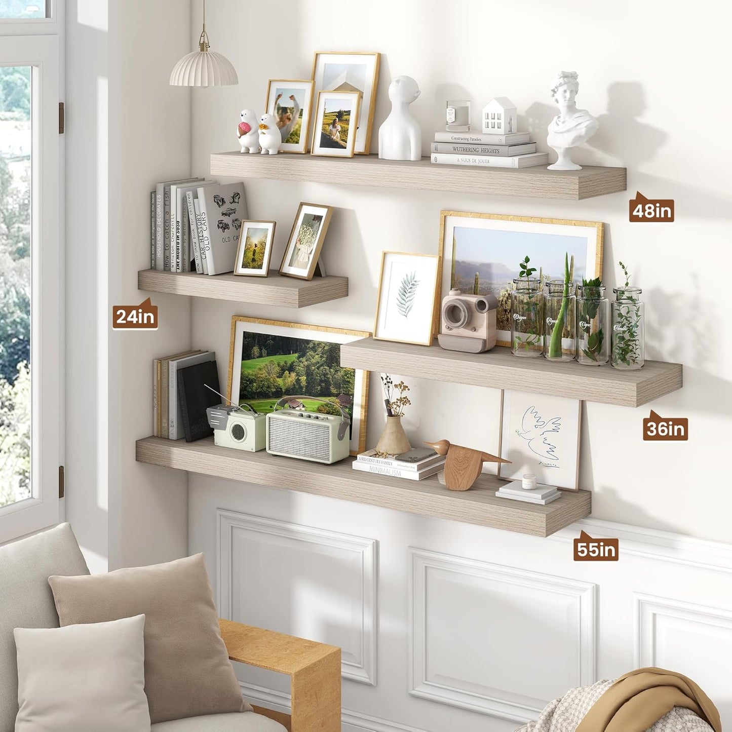 Heimlove 55 Inch Floating Shelves for Wall,10 Deep Large Grey Floating Shelf with Heavy Duty Brackets,Wall Shelf Mounted Storage & Display Shelves for Bedroom,Living Room,Kitchen,Office