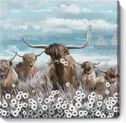 Canvas Wall Art Bathroom Coastal Boho Farmhouse Highland Cow Flower Picture Floral Artwork Rustic Country Landscape Longhorn Animal Painting for Living Room Bedroom Kitchen Décor Blue Brown Small