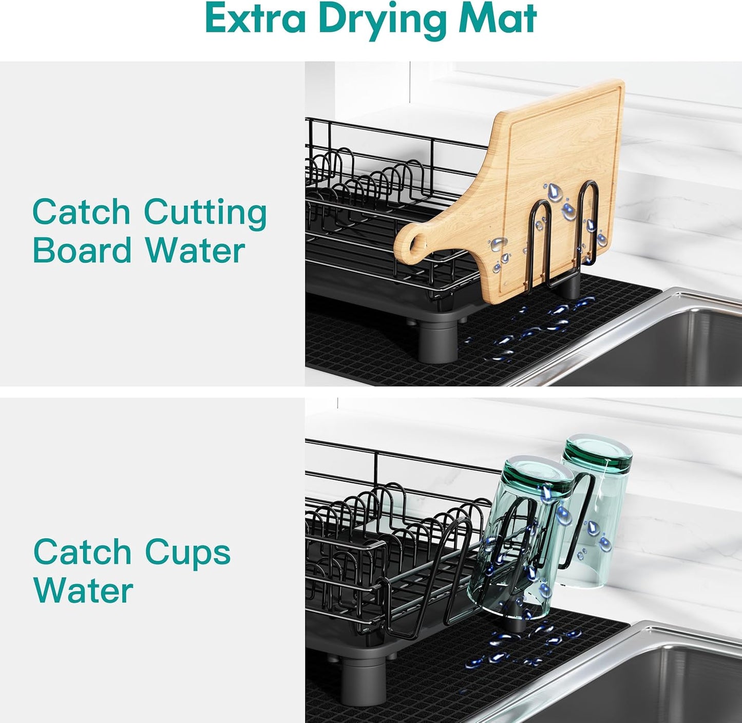 Black Stainless Steel Dish Drainers Drying Rack for Kitchen Counter with Drainboard Set, Rust Proof Metal, Space Saving, Modern Aesthetic, Compact Plates Strainers with Extra Mat