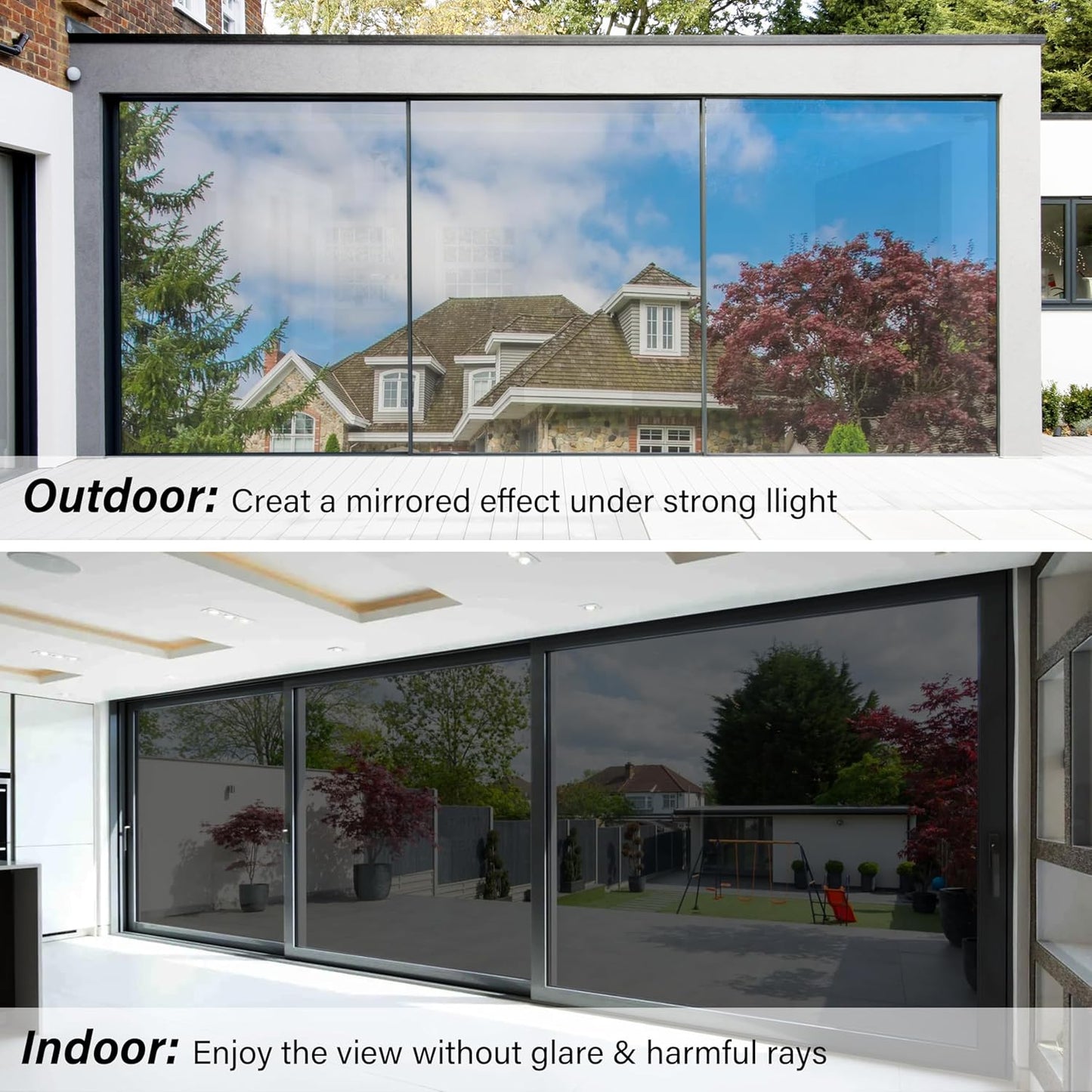 Kromapolis One Way Window Privacy Film Reflective Mirror Home Window Tint, Daytime Privacy Heat Control Anti UV Glass Tinting Static Cling (Black-Silver, 17.5 x 157.4 inch)