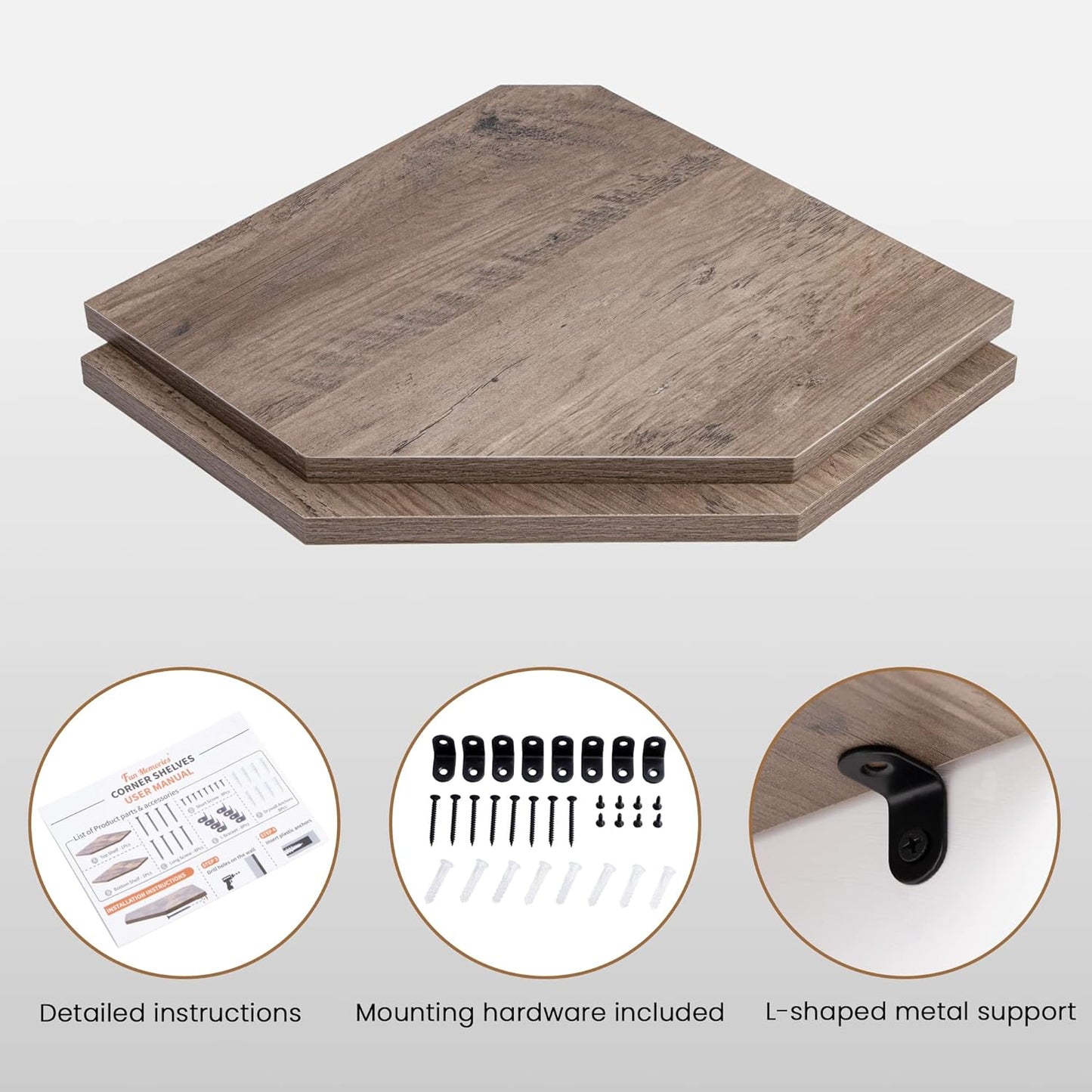 Corner Shelf Wall Mount, Corner Floating Shelves, Set of 4 Corner Wall Shelf Organizer, Rustic Wood Wall Storage Display Shelves for Living Room Bedroom Bathroom Kitchen, Rustic Grey