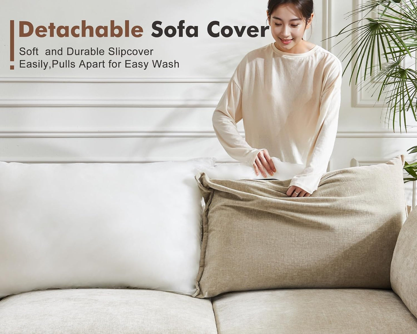 Oversized Loveseat Sofa, Modern Modular Sectional Couch Beige Fluffy Chenille Mid Century 2-Seat 24.5" Deep Seat for Apartment, Living Room, Bedroom