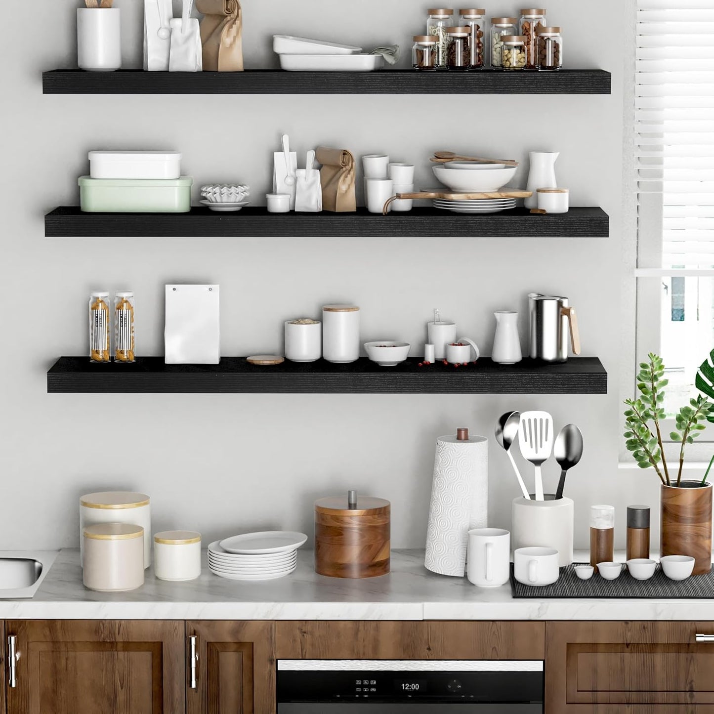 Floating Shelves - 10.3 Inch Deep Wall Shelf for Decor & Storage - Wall Mounted Display Shelving with Invisible Heavy-Duty Metal Bracket - 48" W x 10.3" D x 1.8" H - Set of 1 - Rustic Black