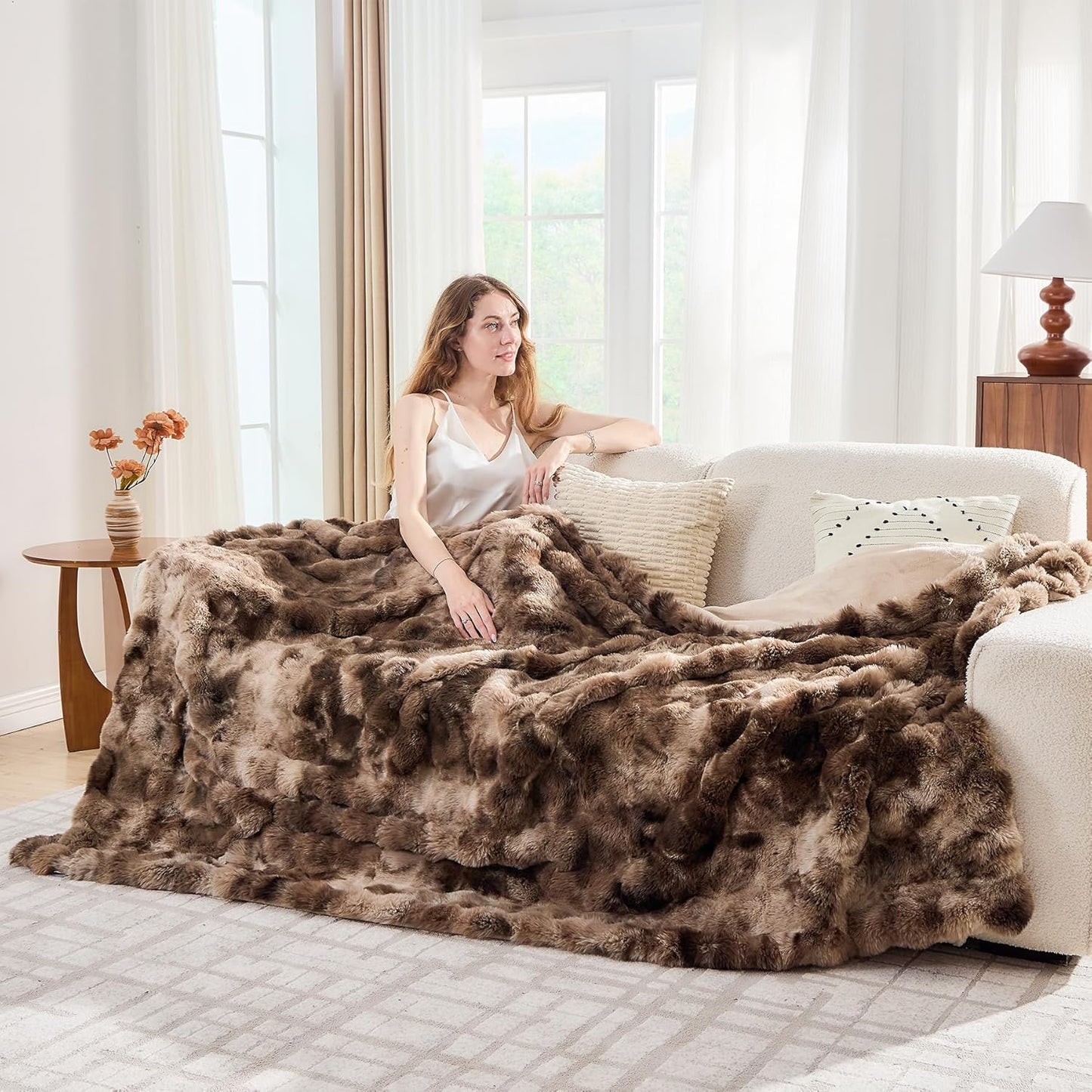 Lotus Karen Faux Fur Throw Blanket Tie-Dye Dark Coffee - Big Bubble Rabbit Fluff Blanket for Couch, Large Fluffy Fuzzy Cozy Blanket,Thick Furry Plush Shaggy Blankets,90x90 Inches
