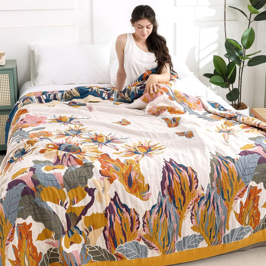 Boho Throw Blanket for Bed - 100% Pure Organic Cotton Ultra Soft Rustic Quilt - Farmhouse Decor Bed Blankets, All Season Rustic Throw for Sofa Couch Chair(91''x 98'', Floral)