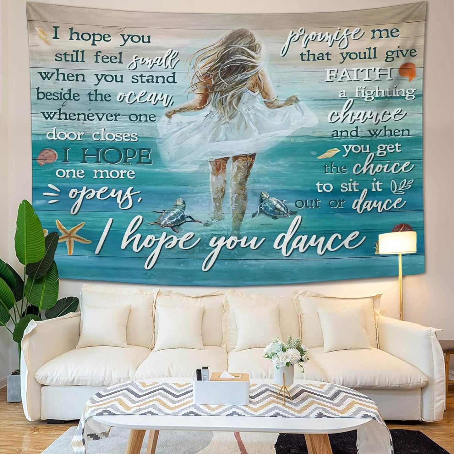 Coastal Beach Tapestry I Hope You Dance Tapestry Wall Hanging for Bedroom Sea Turtle Tapestries Aesthetic Wall Decor for Home Dorm Living Room 50"x60"