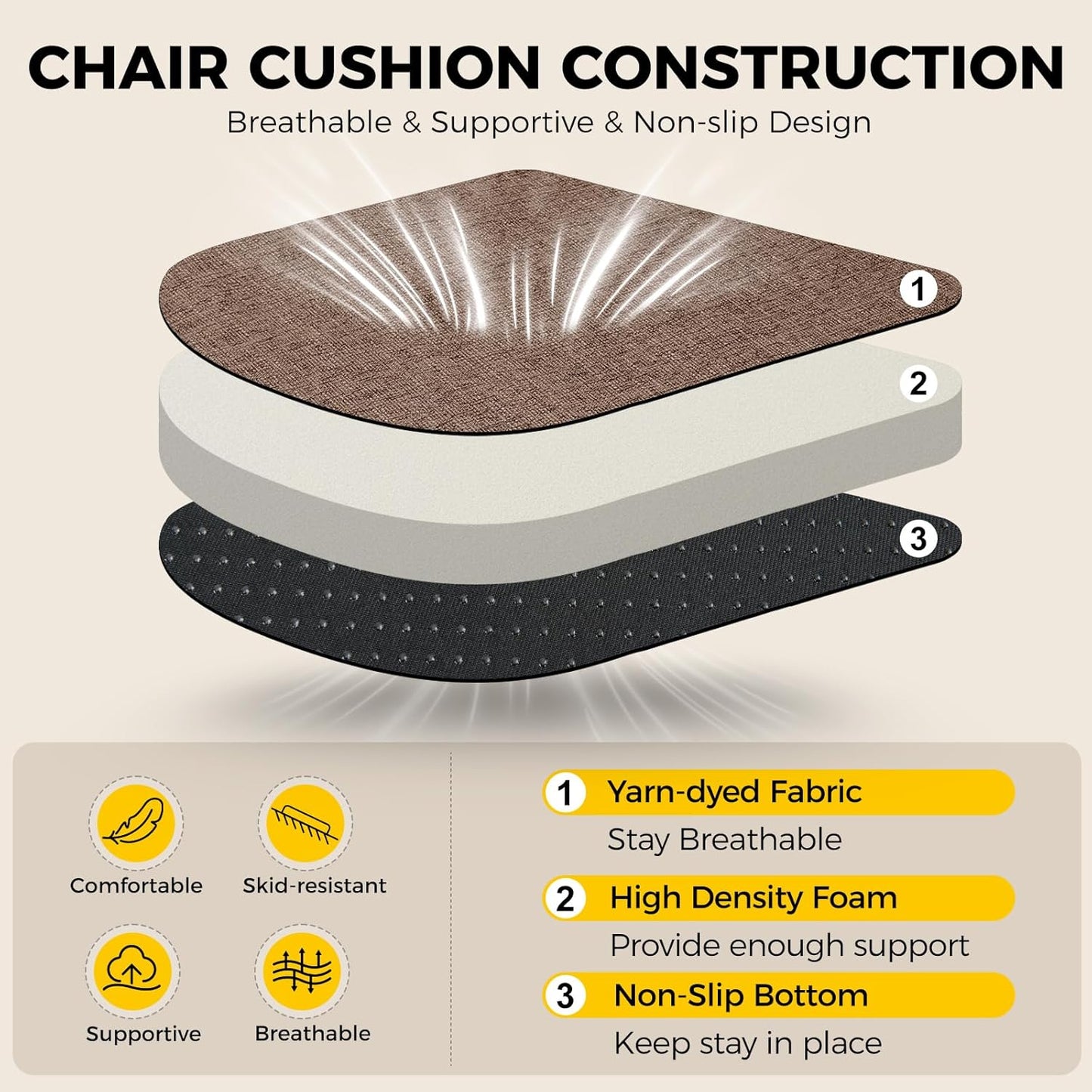 downluxe Indoor Chair Cushions for Dining Chairs, Soft and Comfortable Textured Foam Kitchen Chair Pads with Ties and Non-Slip Backing, 16" x 16" x 2", Brown, 6 Pack