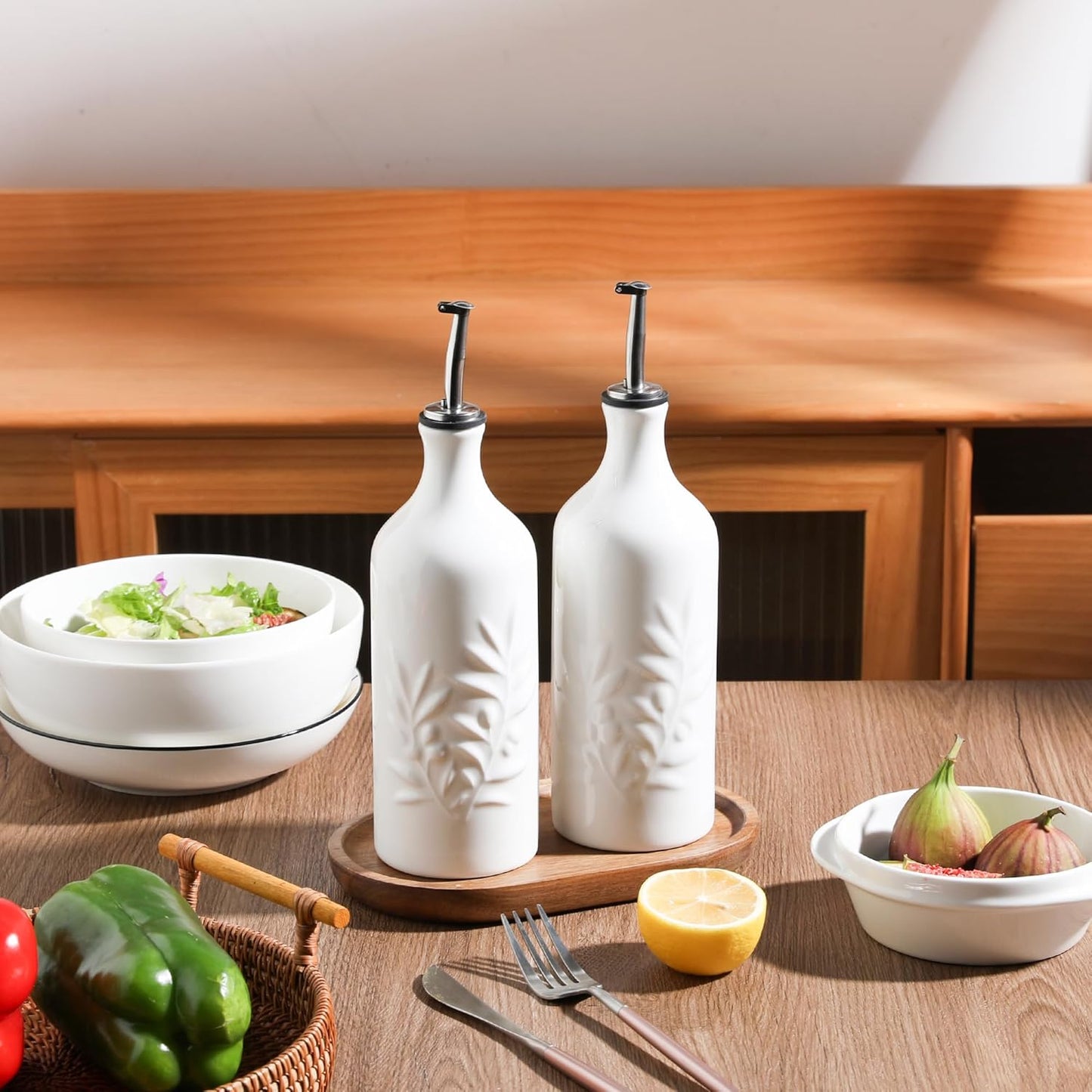 Sweejar Ceramic Olive Oil Dispenser Bottle, 20 Oz Relief Opaque Oil Cruet Protects To Reduce Oxidation, Suitable for Storage,Vinegar, Soy Sauce,Liquids,Set of 2 (White White)