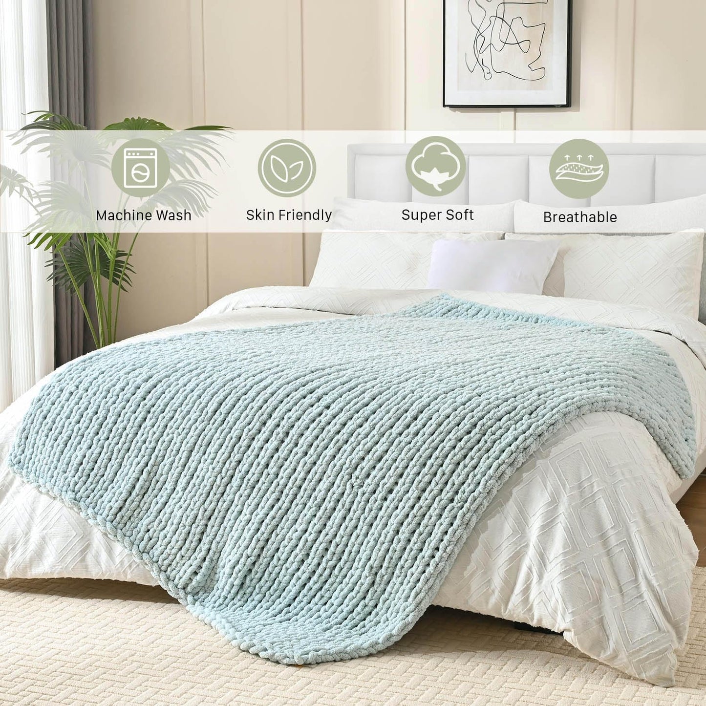 Esterra Chunky Knit Blanket Throw 50"x60", 100% Hand Knitted Chenille Throw Blanket, Cozy Soft Thick Cable Knit Throw Large Rope Knot Crochet Throw Blanket for Sofa Couch Bed, Sky Blue