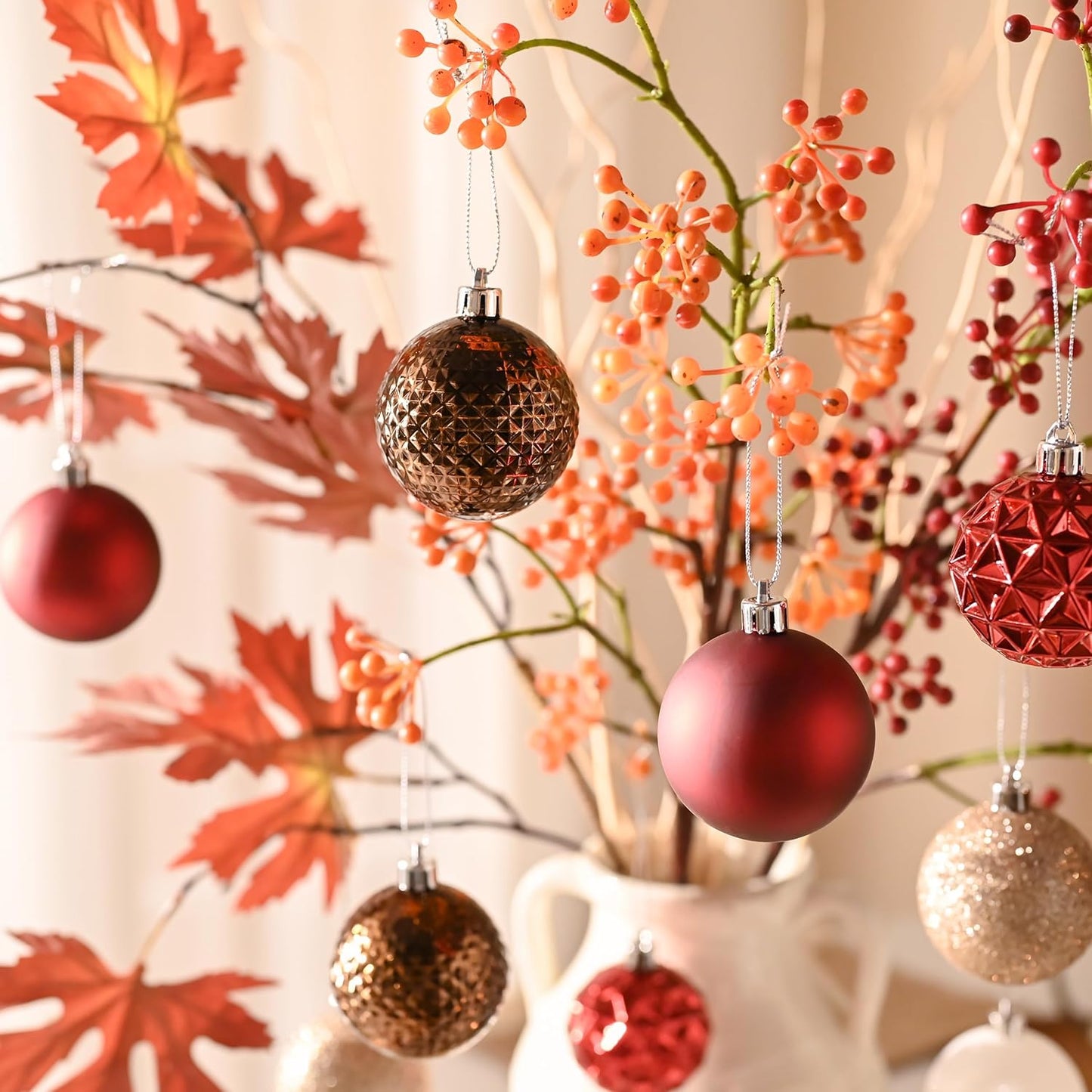 Valery Madelyn Christmas Tree Decorations Ornament Set for Fall Halloween, 50ct 2 Inches Red Brown White Shatterproof Christmas Ball Ornaments Hanging Xmas Holiday Party Decor