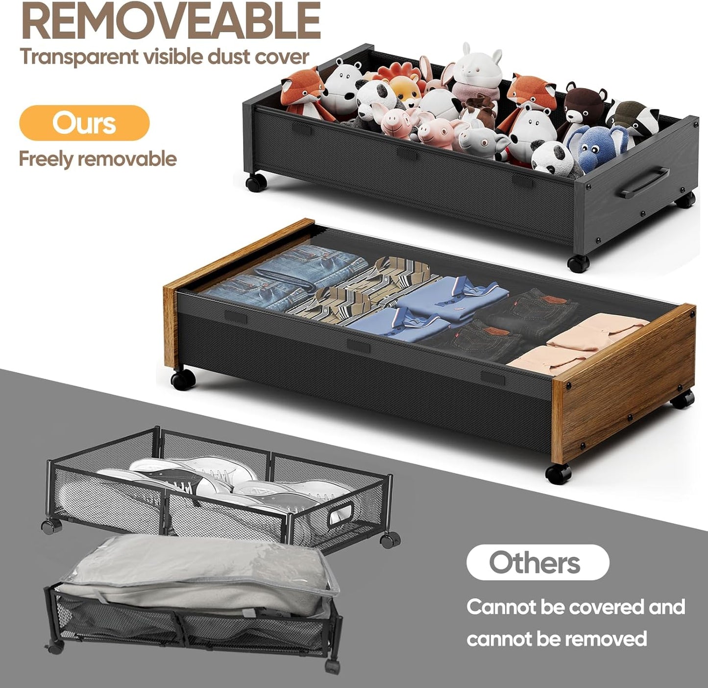 Wooden Under Bed Storage with Wheels, Rolling Under the Bed Storage Bins with Removable Lid, Metal Under Bed Drawers for Clothes and Shoes in Bedroom or Living Room(Walnut Brown-1pack)