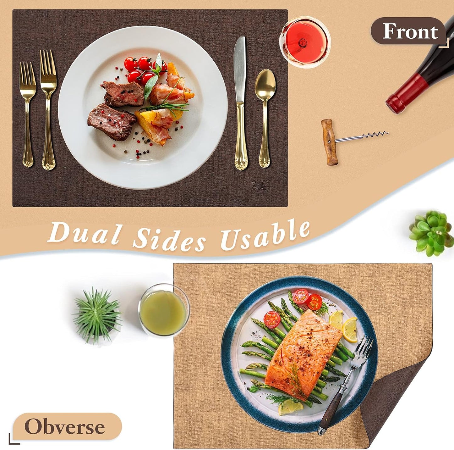 SUEH DESIGN Leather Placemats Set of 6 Reversible Table Mats Heat Resistant Waterproof No-Slip Place Mats for Dining Table Kitchen Parties