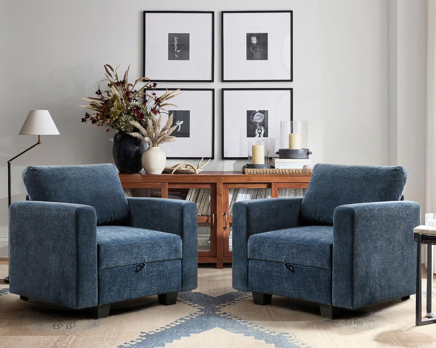 38.5 Oversized Accent Chair with Storage Blue Chenille, Single Modern Accent Sofa Chair with Arms for Apartment Living Room (21" Deep Seat)