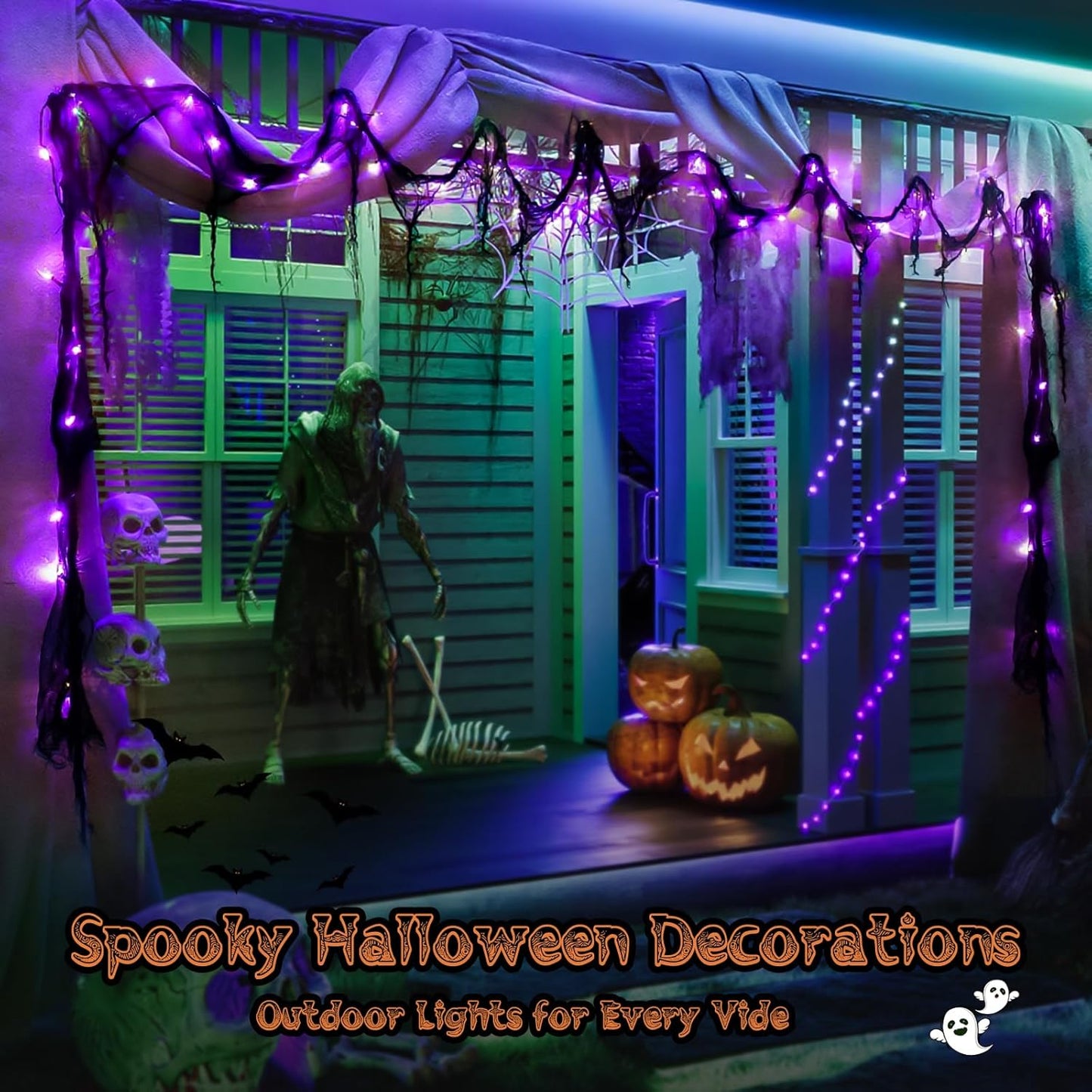 Halloween Horror Atmosphere Lights, Orange&Purple LED String Lights with 9.9FT Creepy Black Gauze, Battery Powered with Timer & 8 Flashing Modes (Purple)