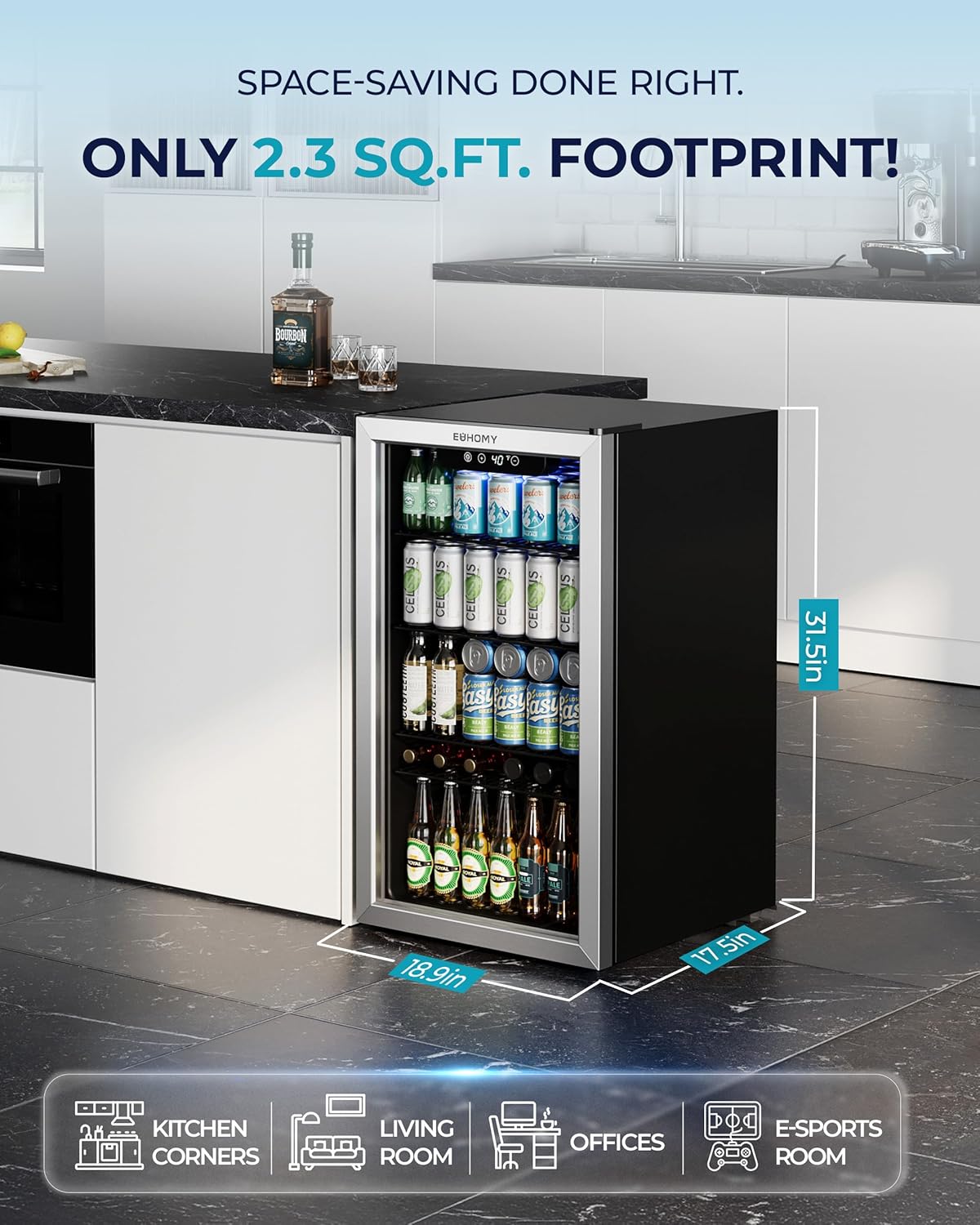 EUHOMY Beverage Refrigerator and Cooler, 128 Can Mini fridge with Glass Door, Small Refrigerator with Adjustable Shelves for Soda Beer or Wine, Perfect for Home/Bar/Office, Silver