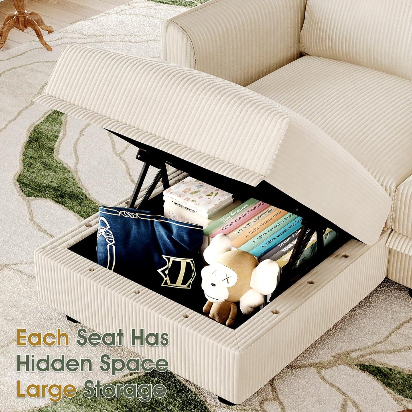 LLappuil Modular Sectional Sofa with Storage Seats, Corduroy U Shaped Convertible Couch for Living Room, 6 Seats Comfy Sofa with 5 Back Cushion 5 Throw Pillow, Beige