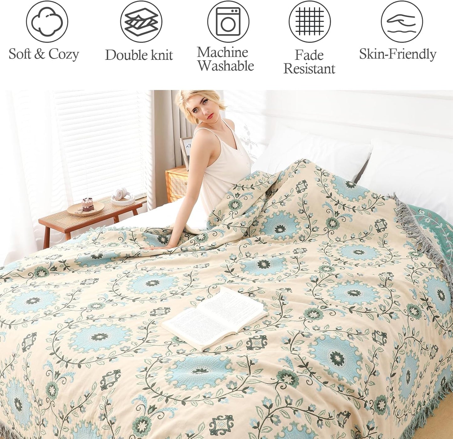 Snycler Boho Throw Blanket for Bed - 100% Cotton Ultra Soft Rustic Quilt - Blue Boho Floral Printed Farmhouse Decor Bed Blankets, 91"×98" All Season Rustic Throw for Sofa Couch Chair